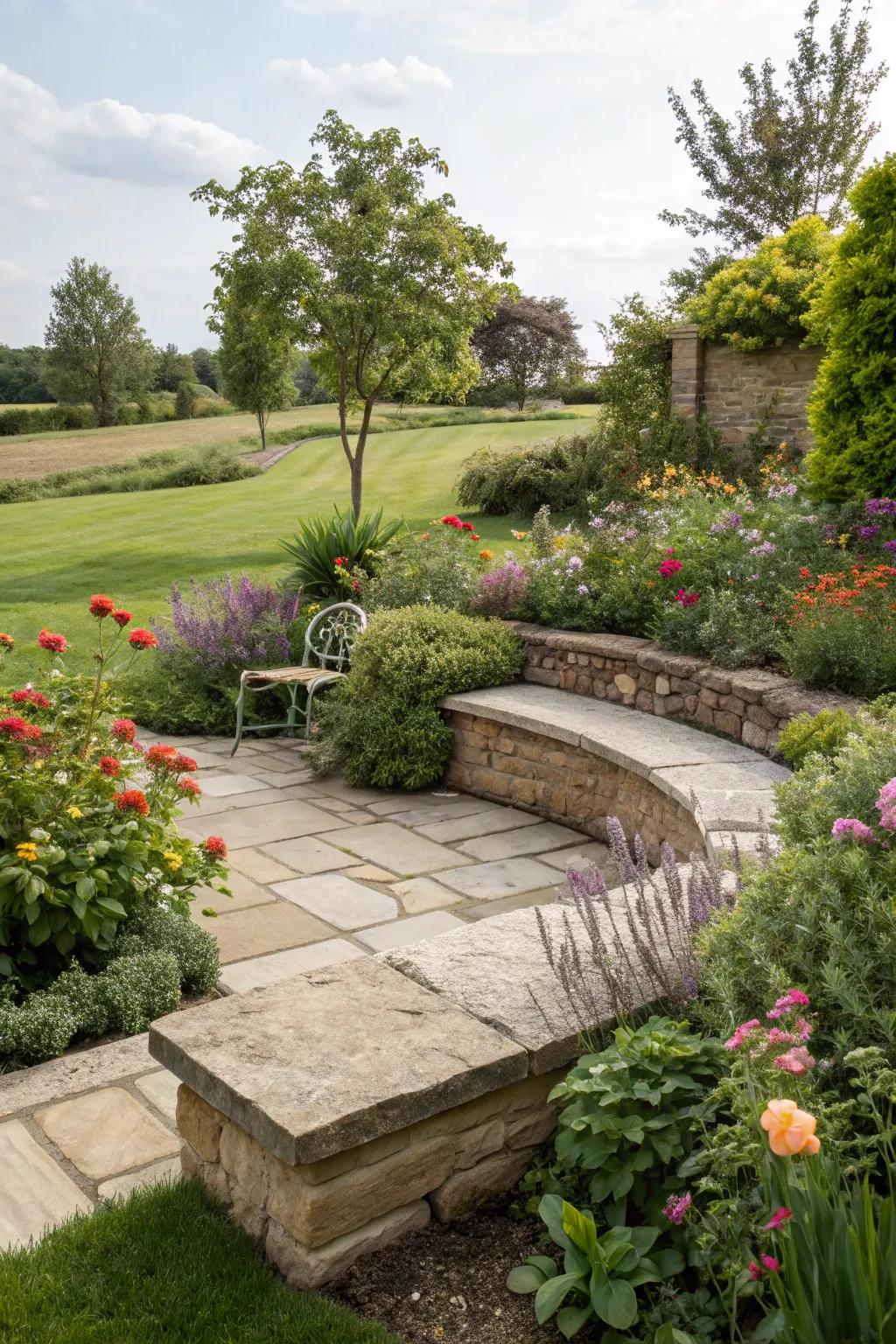 Borders with built-in seating offer a cozy garden retreat.