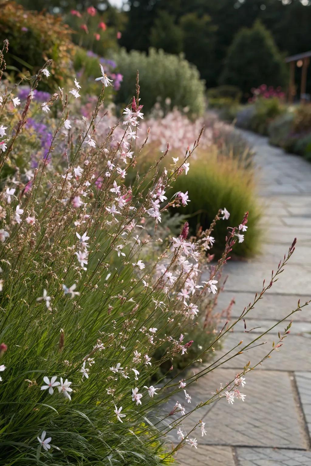 Gaura plants adding movement to a garden border.