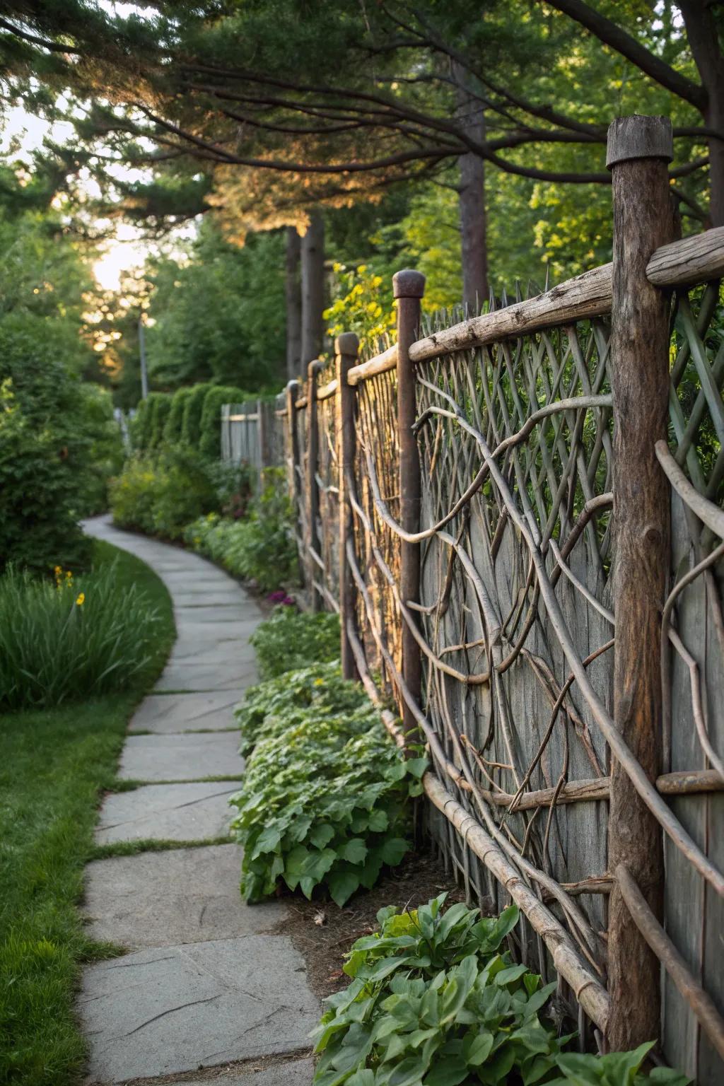 A mixed material fence pairs rustic branches with modern metal accents.