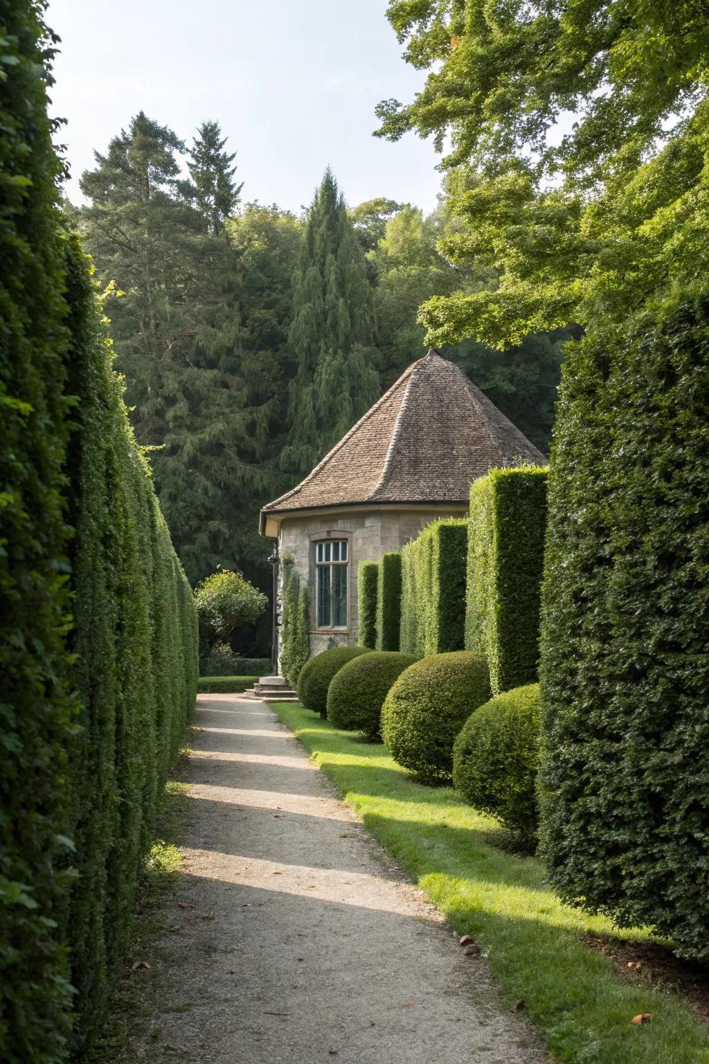 A private garden escape surrounded by lush, green hedges.