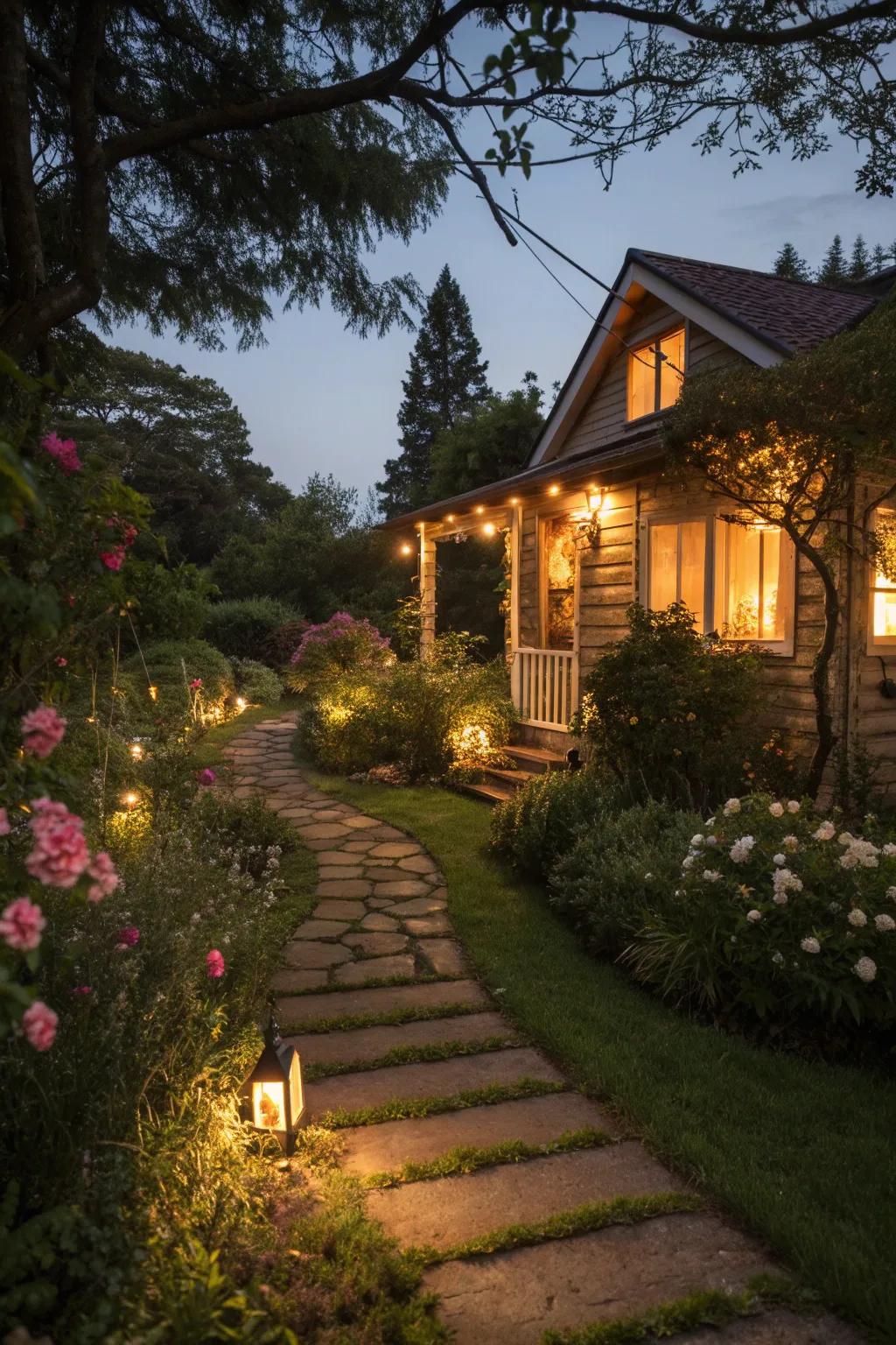 Soft lighting transforms this garden bungalow into an evening haven.