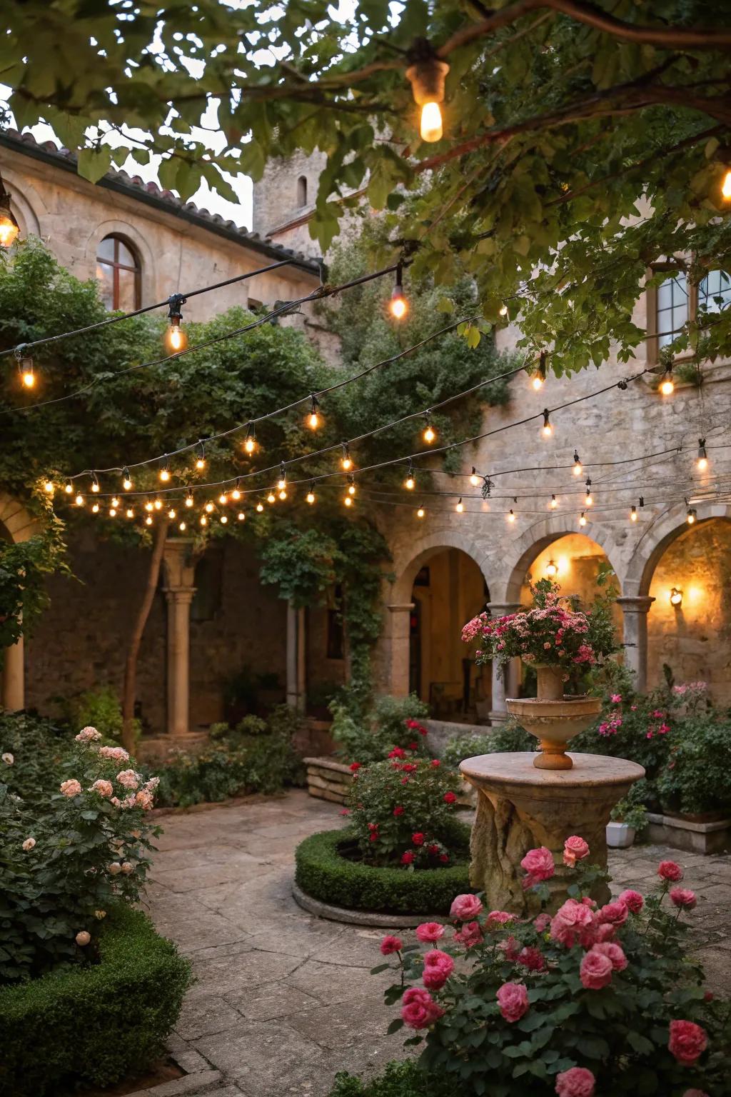 String lights create a cozy evening atmosphere.
