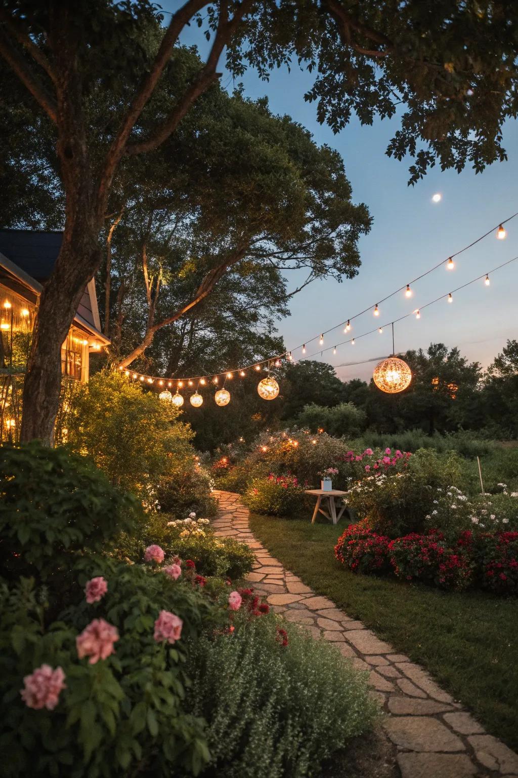 Ambient lighting creating a magical atmosphere in the garden at night.
