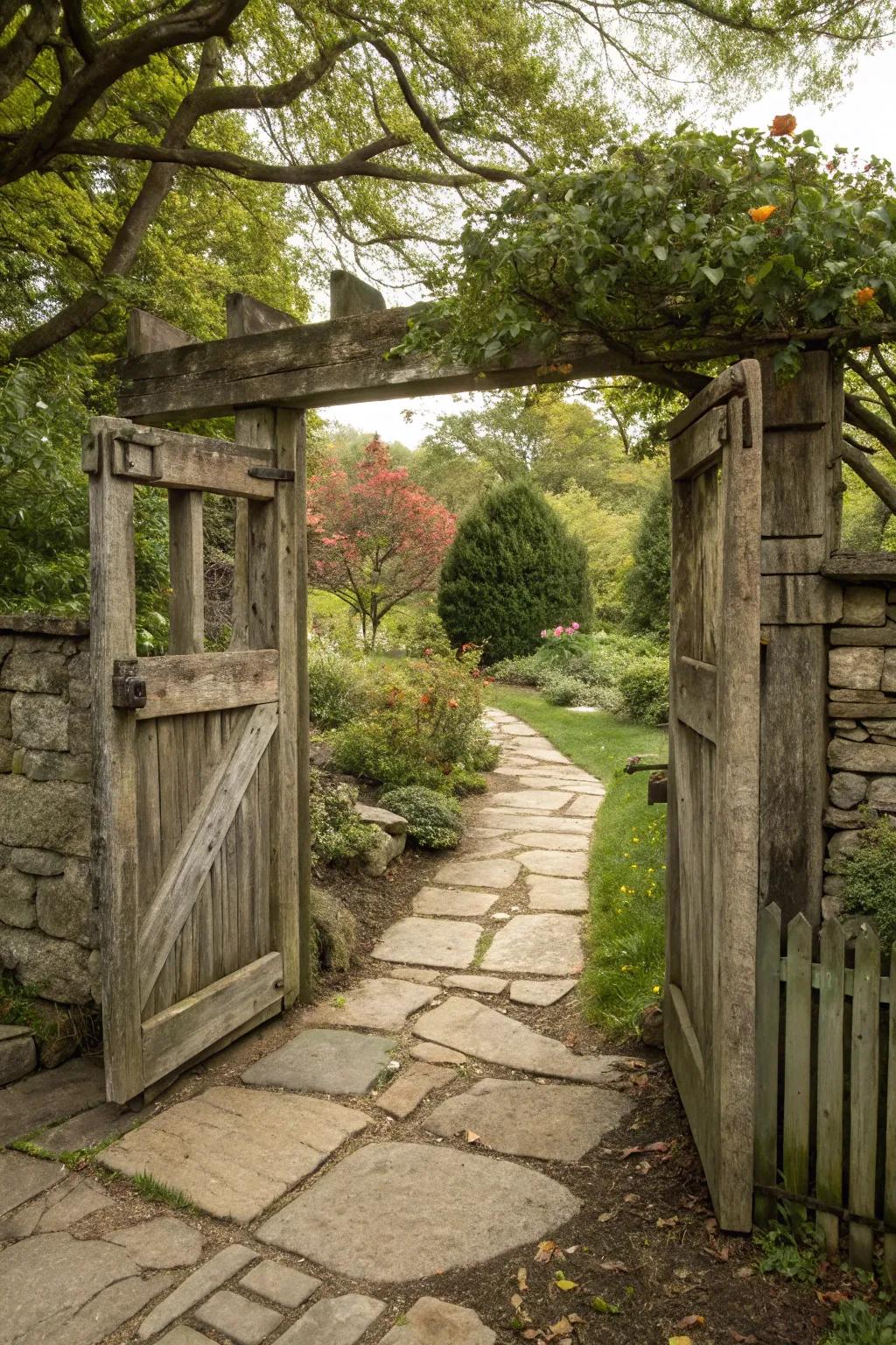 Natural materials like stone and wood create a rustic, inviting entrance.