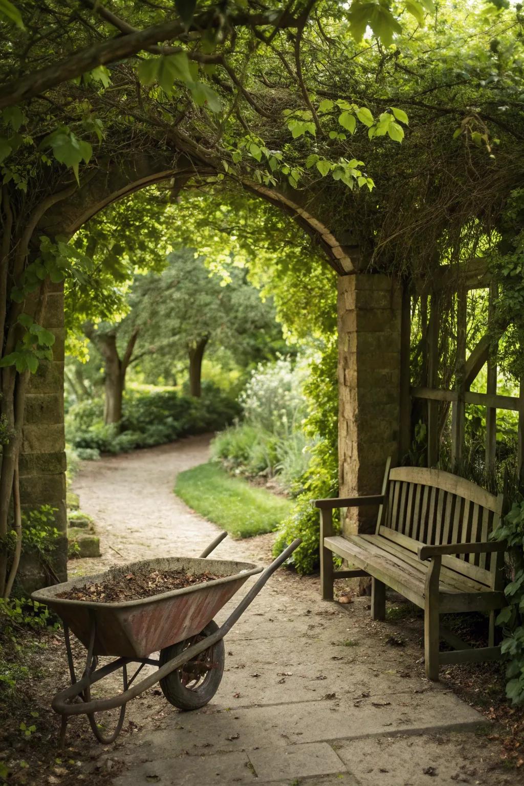 Vintage elements like a wheelbarrow and bench add character to the garden entrance.