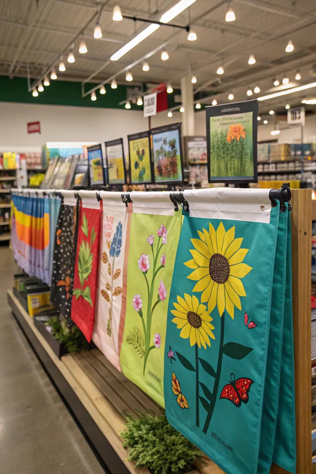 Retail displays can inspire customers with themed garden flag arrangements.