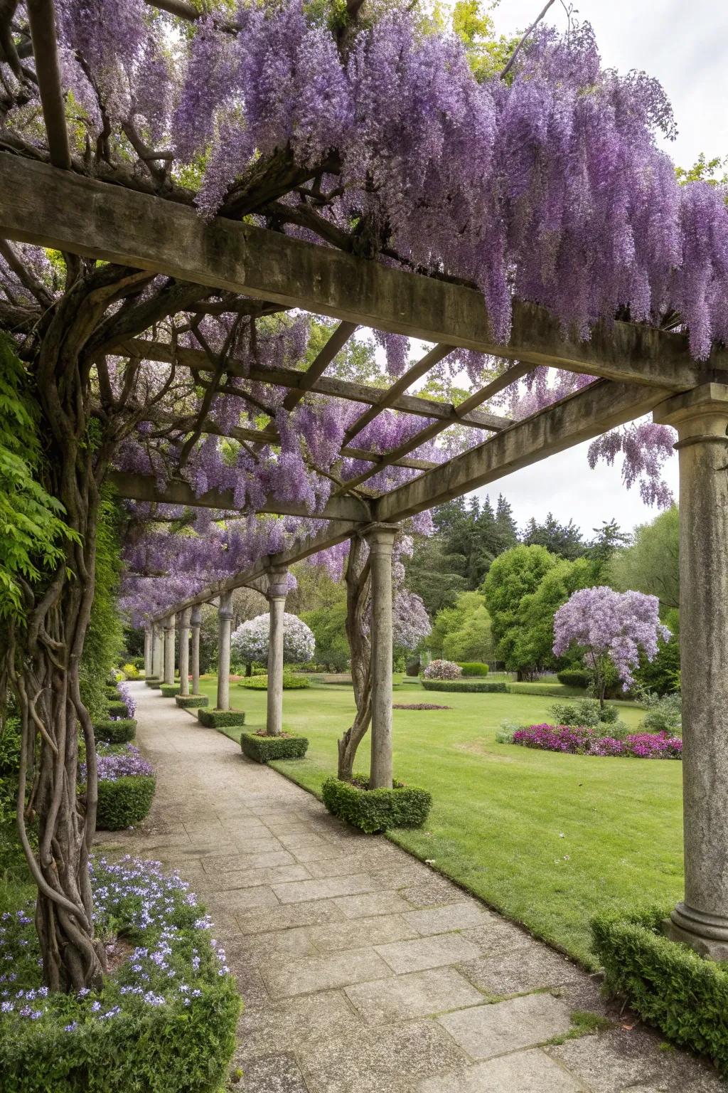 A wisteria-covered arbor creates a romantic garden escape.