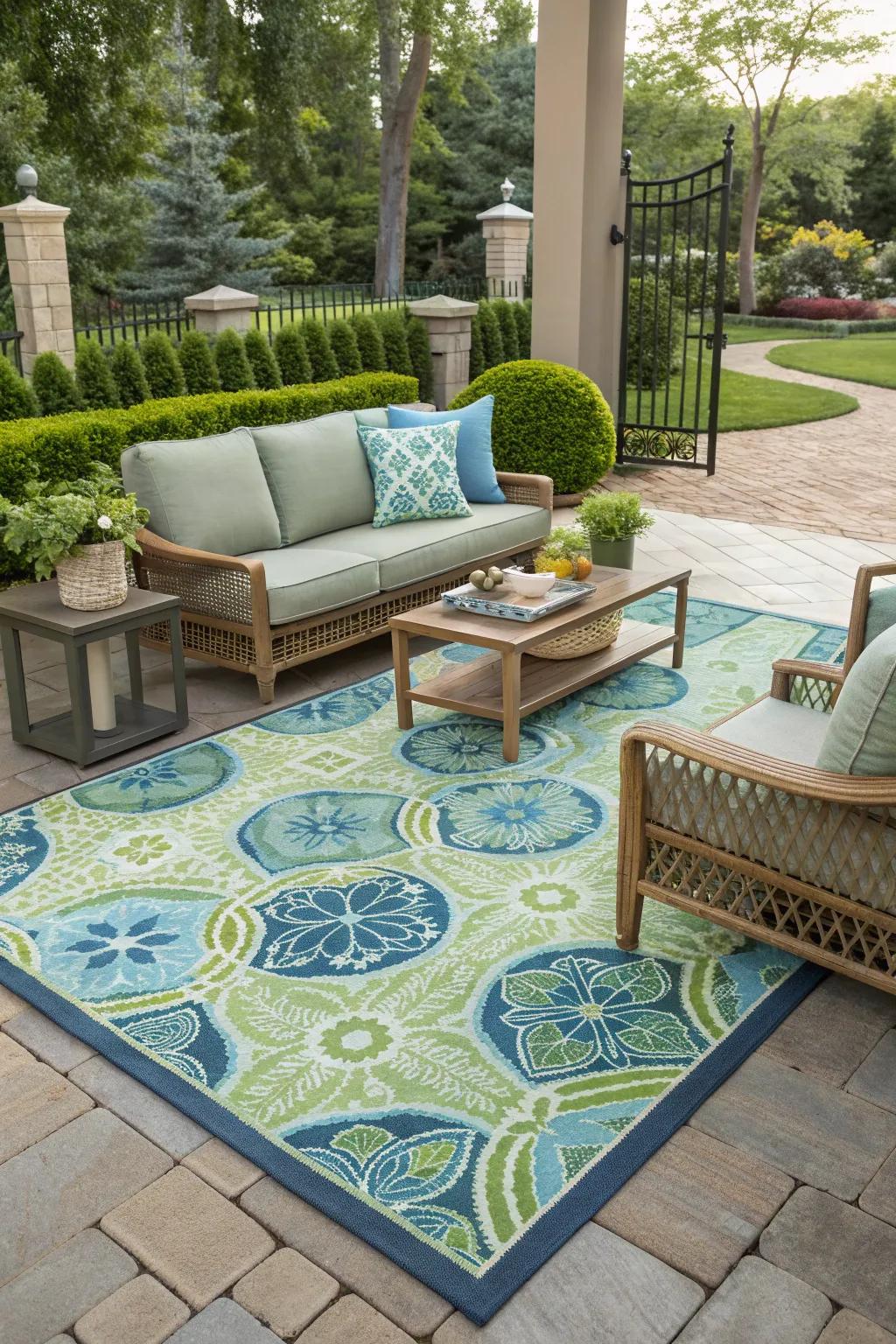 Define your garden space with a chic outdoor rug.