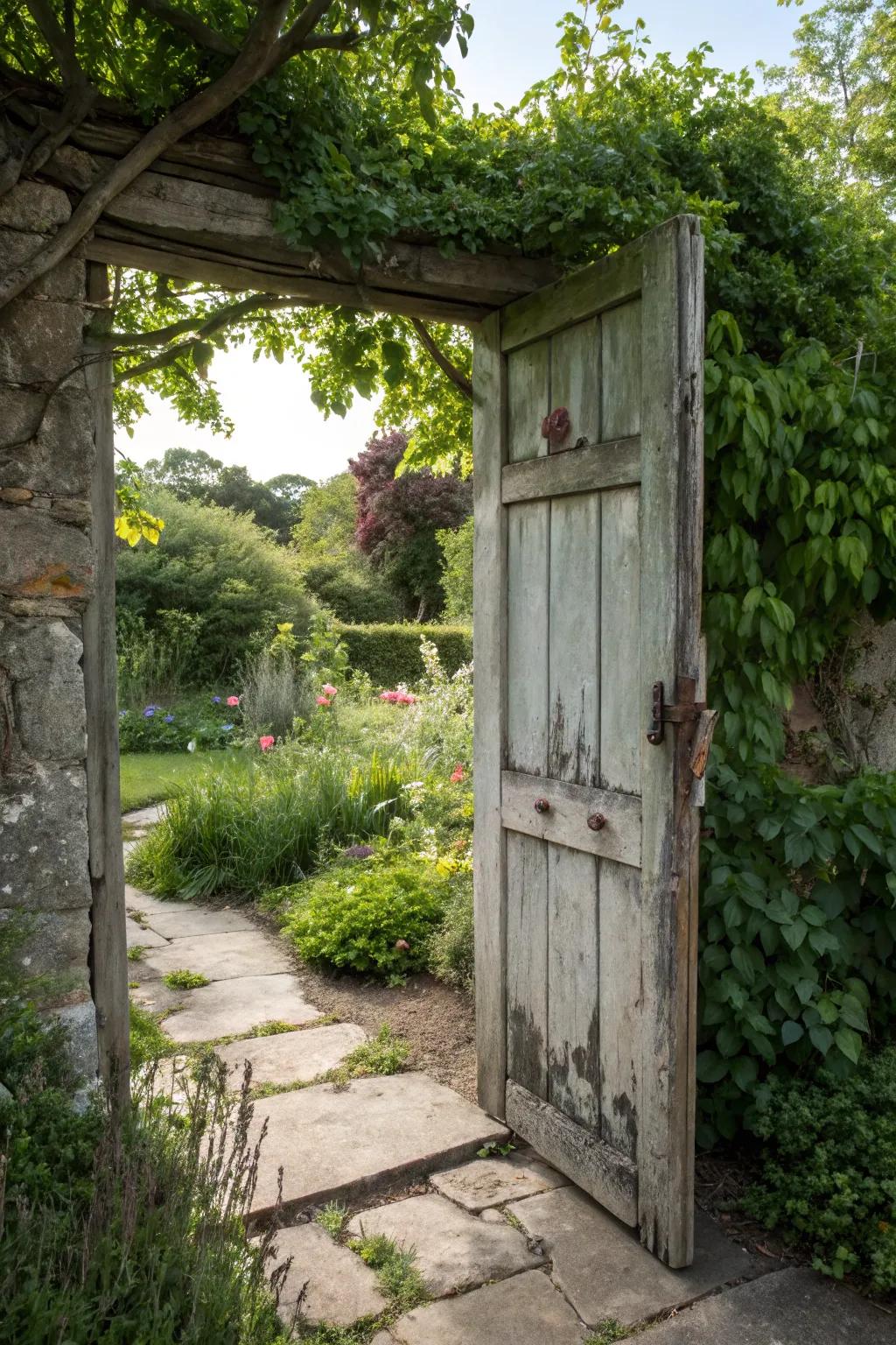 A wooden door adds mystery to your garden entrance.