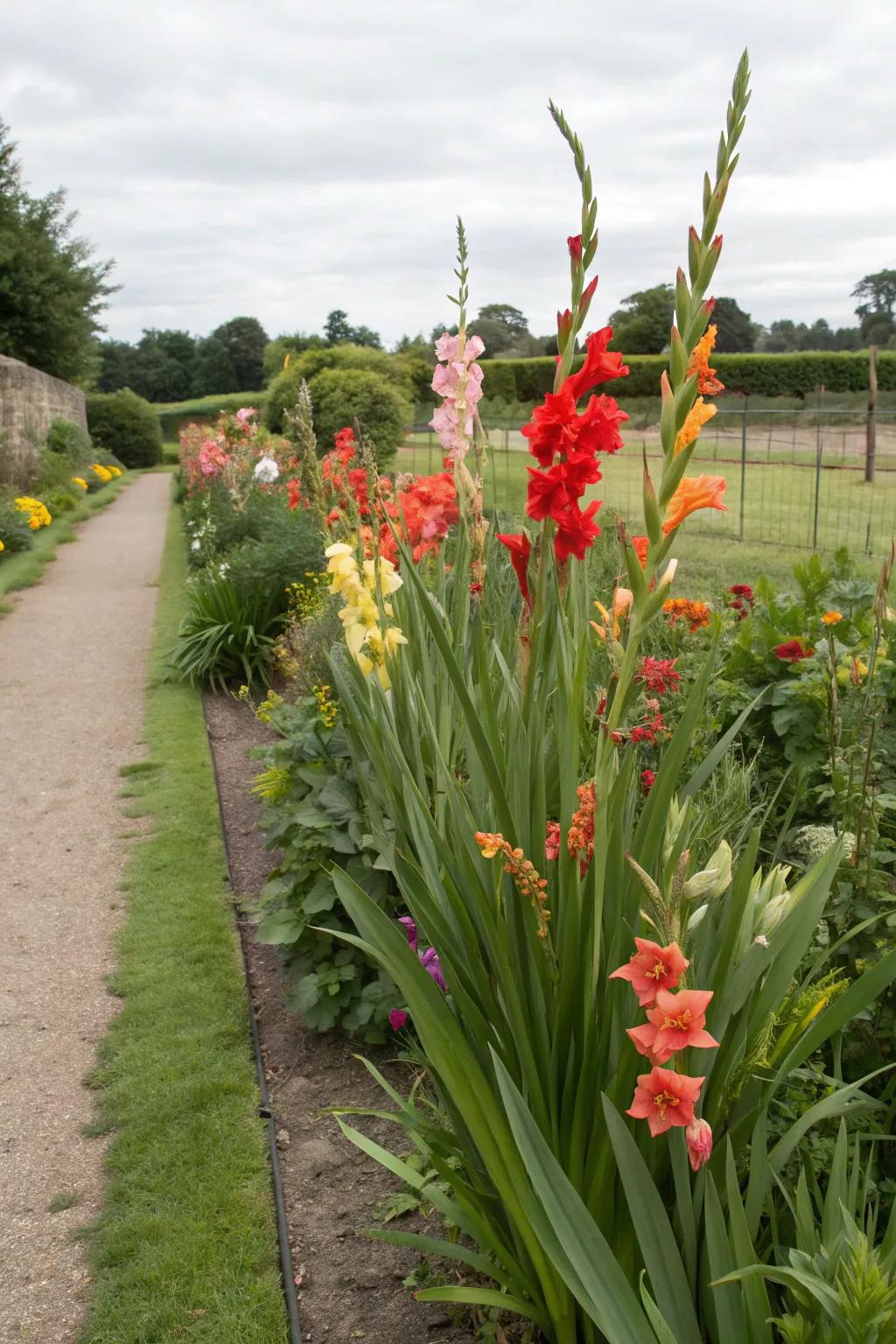 Vertical garden interest with gladiolus.