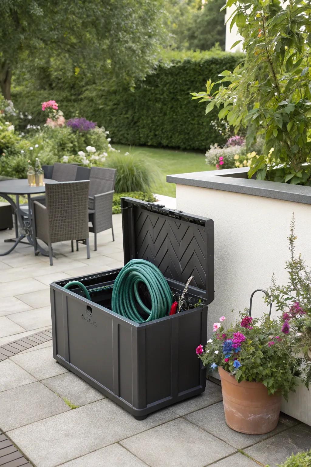 Compact storage boxes keep your garden hose out of sight and organized.