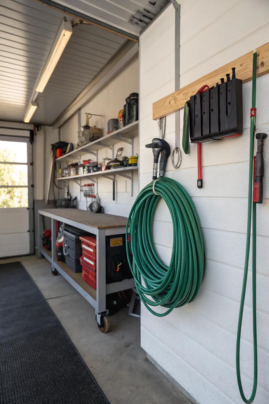 A neat garage storage solution for garden hoses.