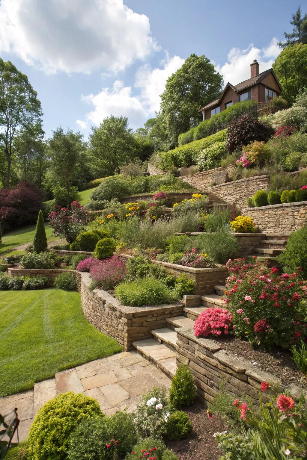 Terraced landscaping that adds layers and visual interest.
