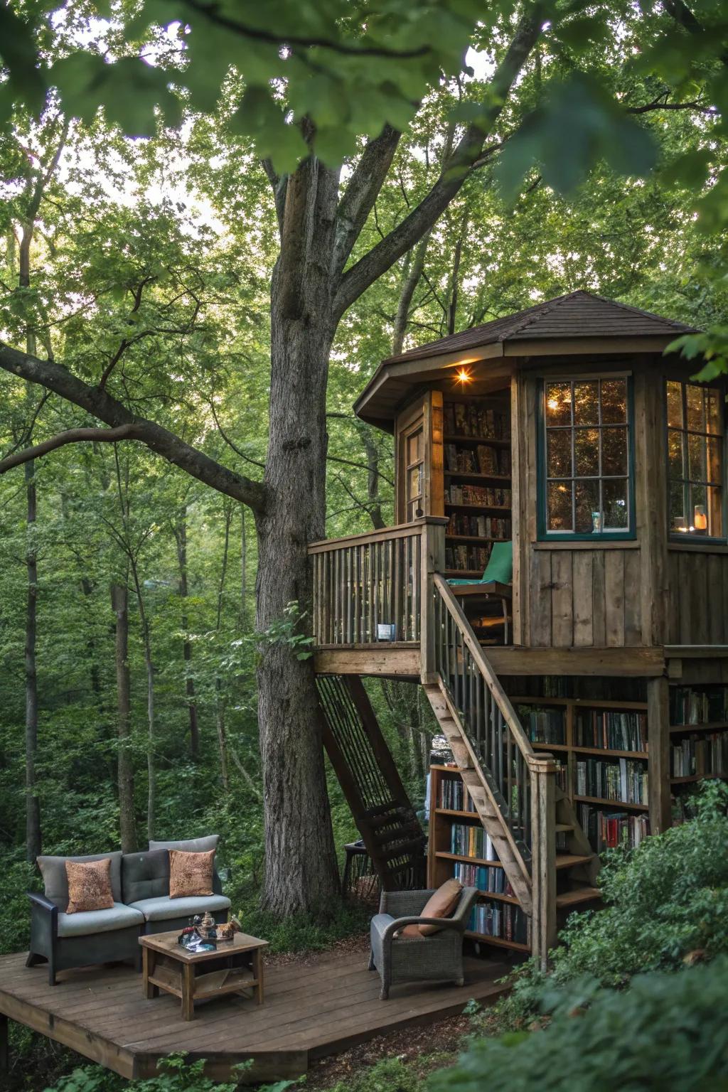 A treehouse library for imaginative escapes.