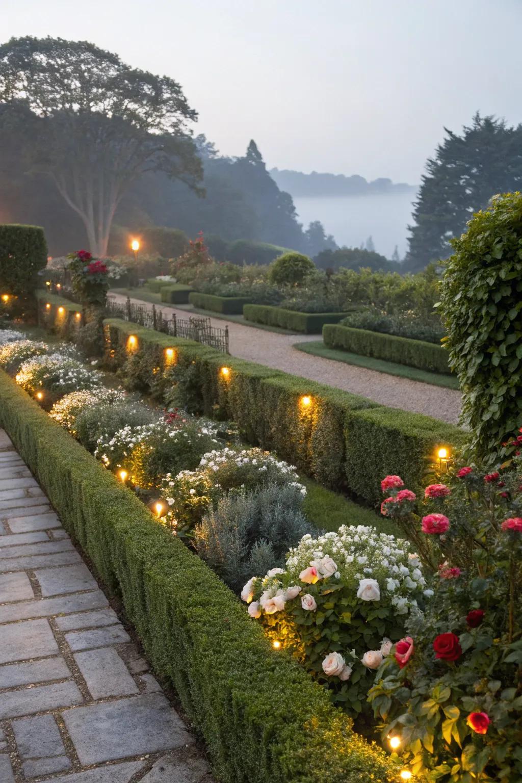 Flower beds and hedges beautifully highlighted by strategic landscape lighting.