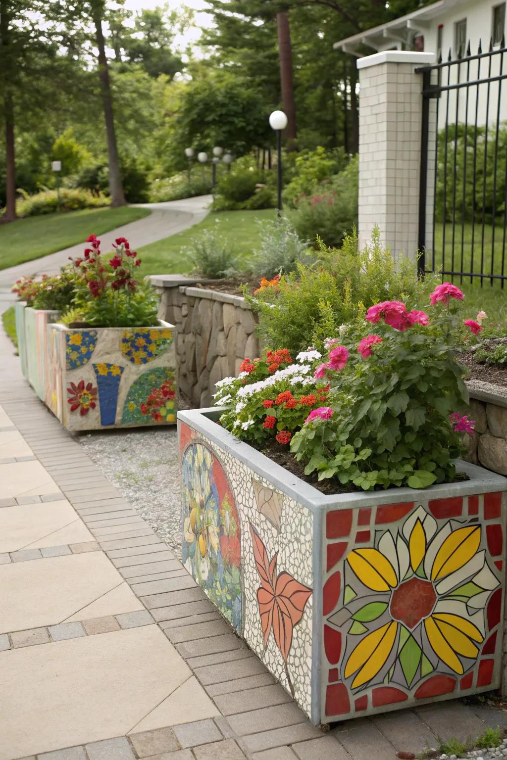 Elevate planter boxes with artistic designs.