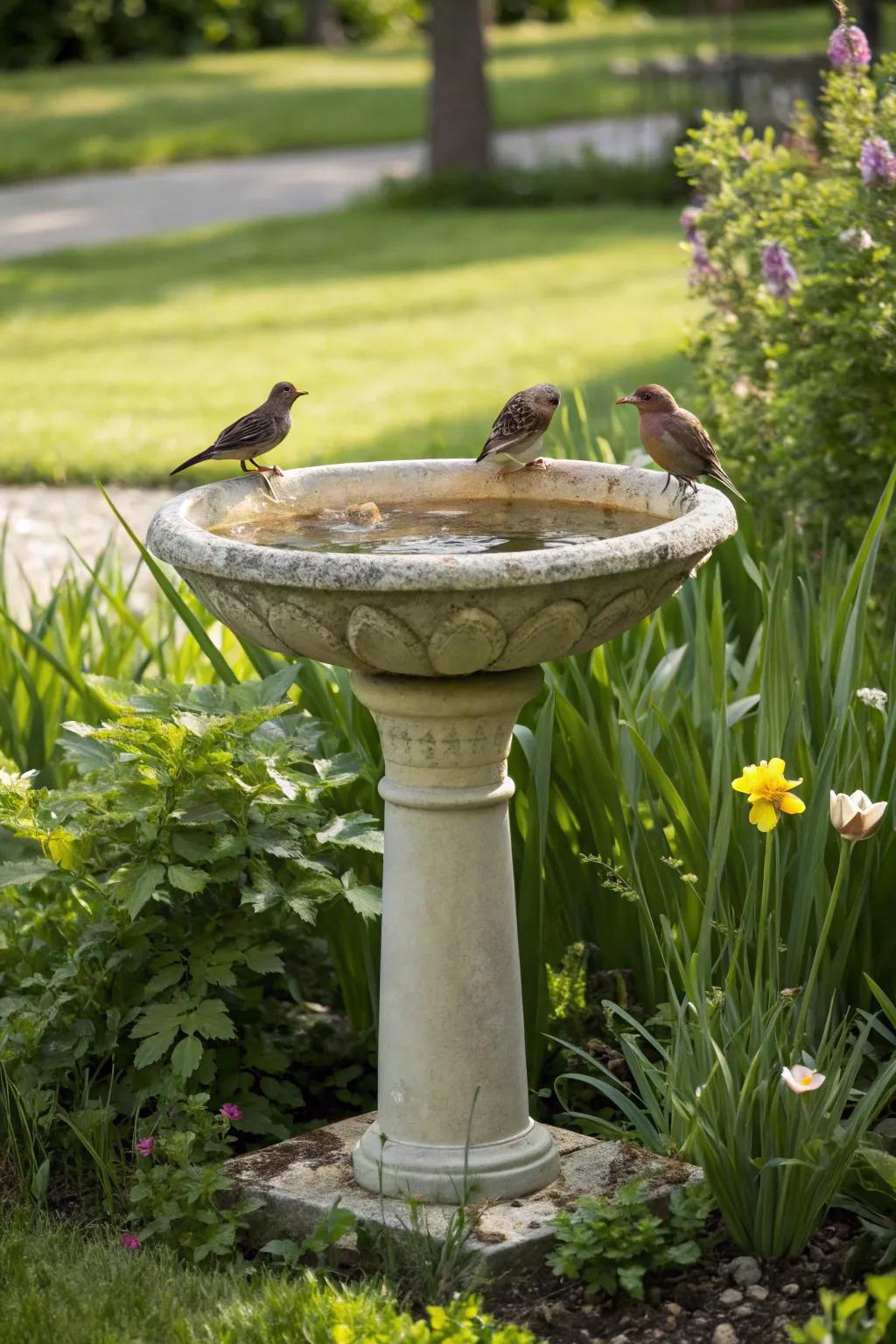 Mini bird baths on pedestals attract wildlife and charm to gardens.