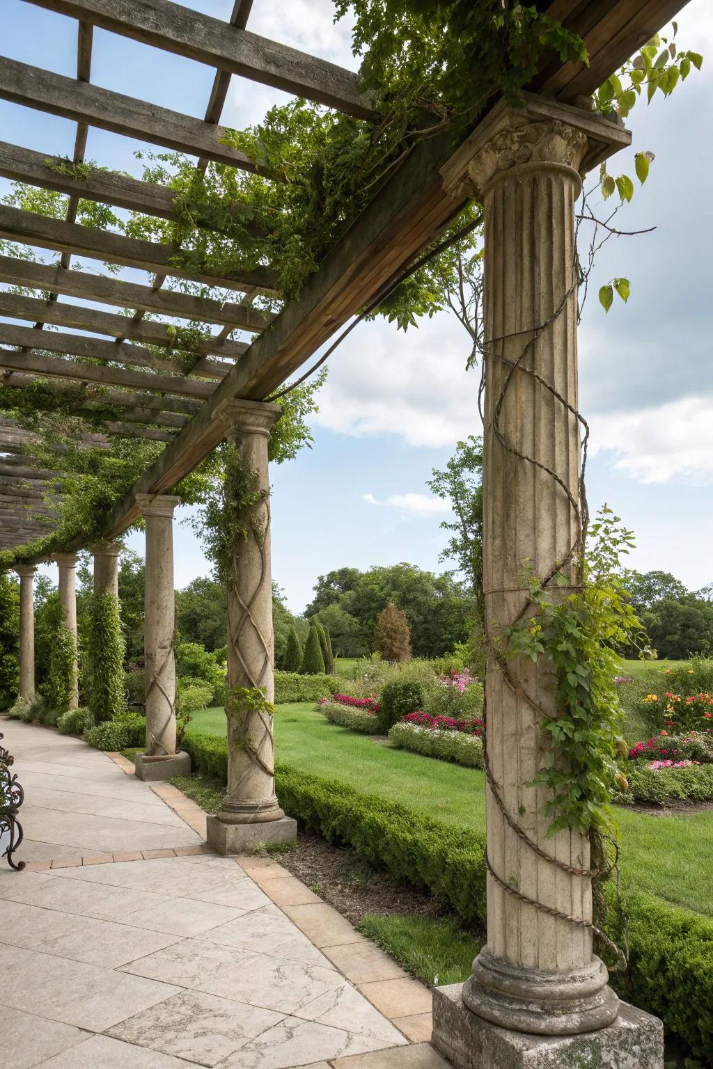 Pergola support pillars create inviting shaded areas in your garden.