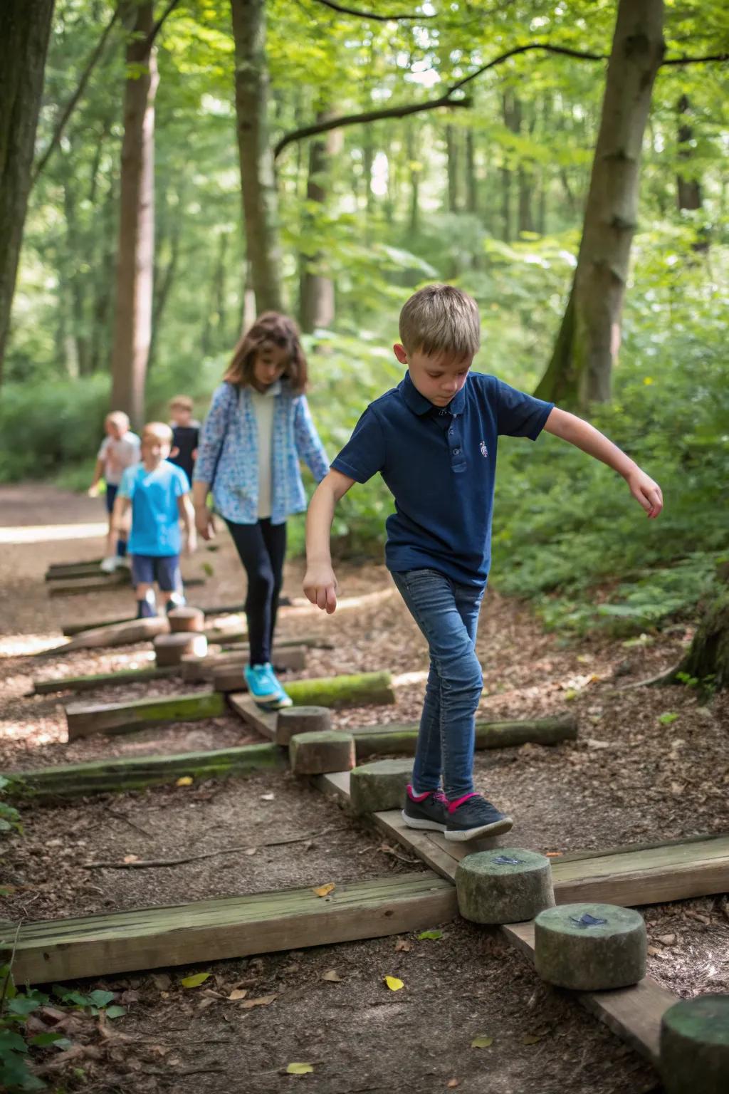 A nature trail obstacle course with balance beams and stepping stones for kids.