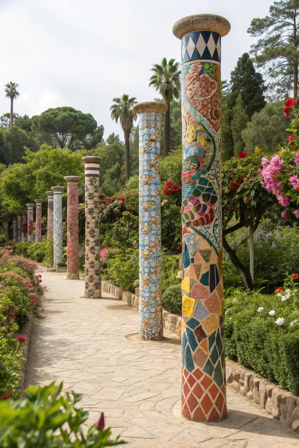 Bring Mediterranean charm to your garden with mosaic tile posts.