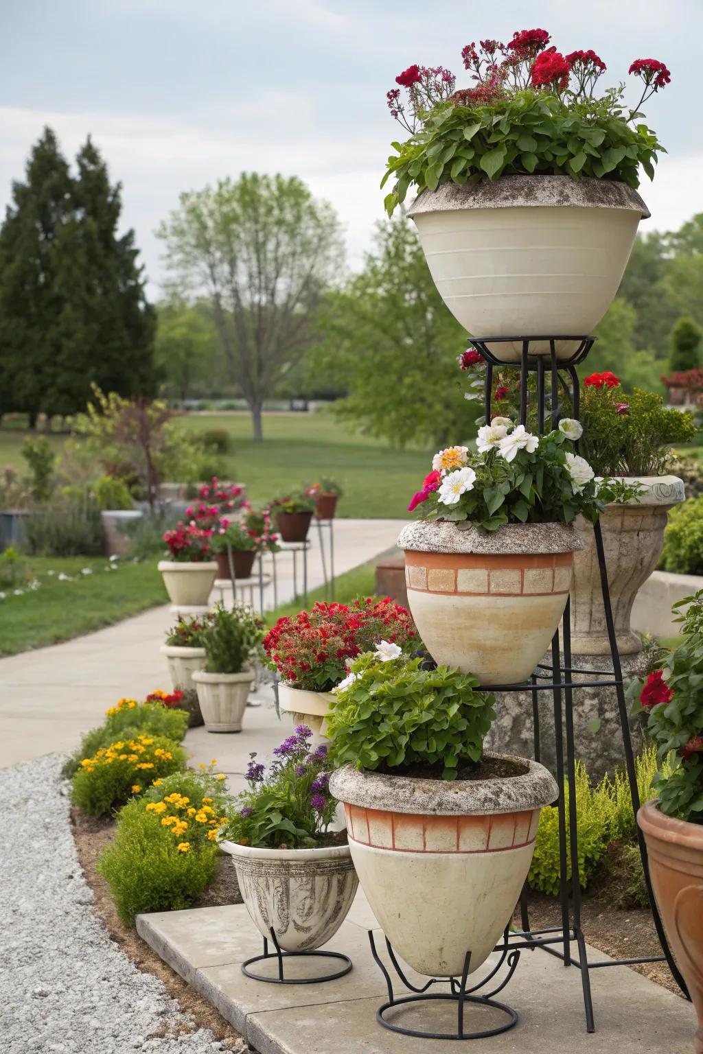 Layered pottery arrangements add depth to garden displays.
