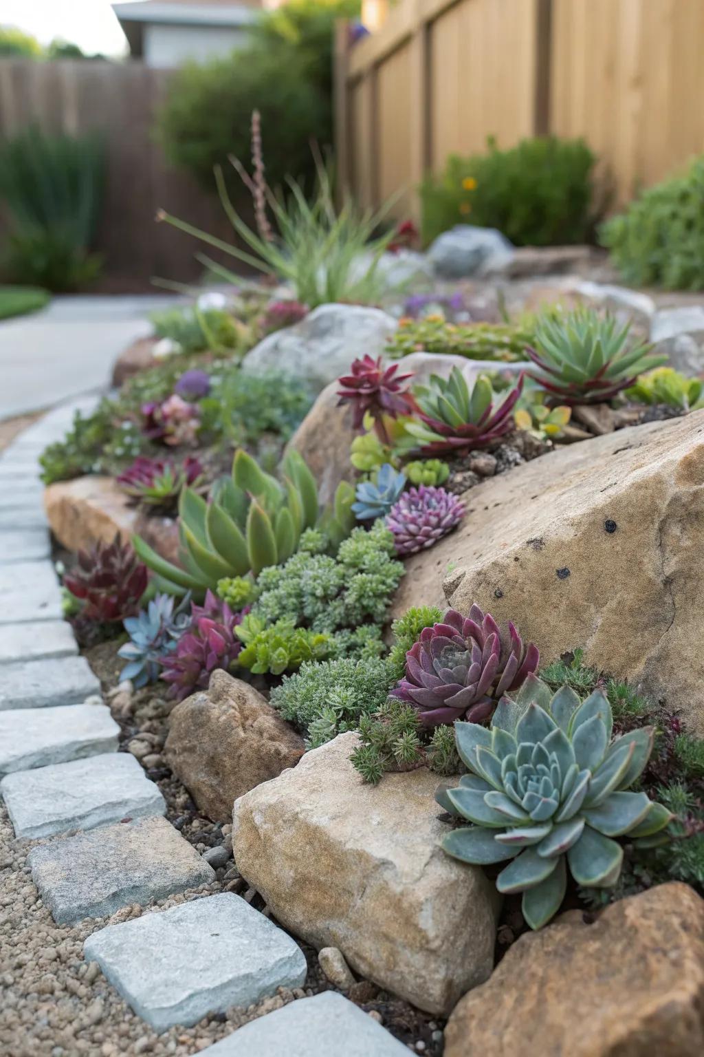 Succulents and rocks create a dynamic and easy-care garden feature.