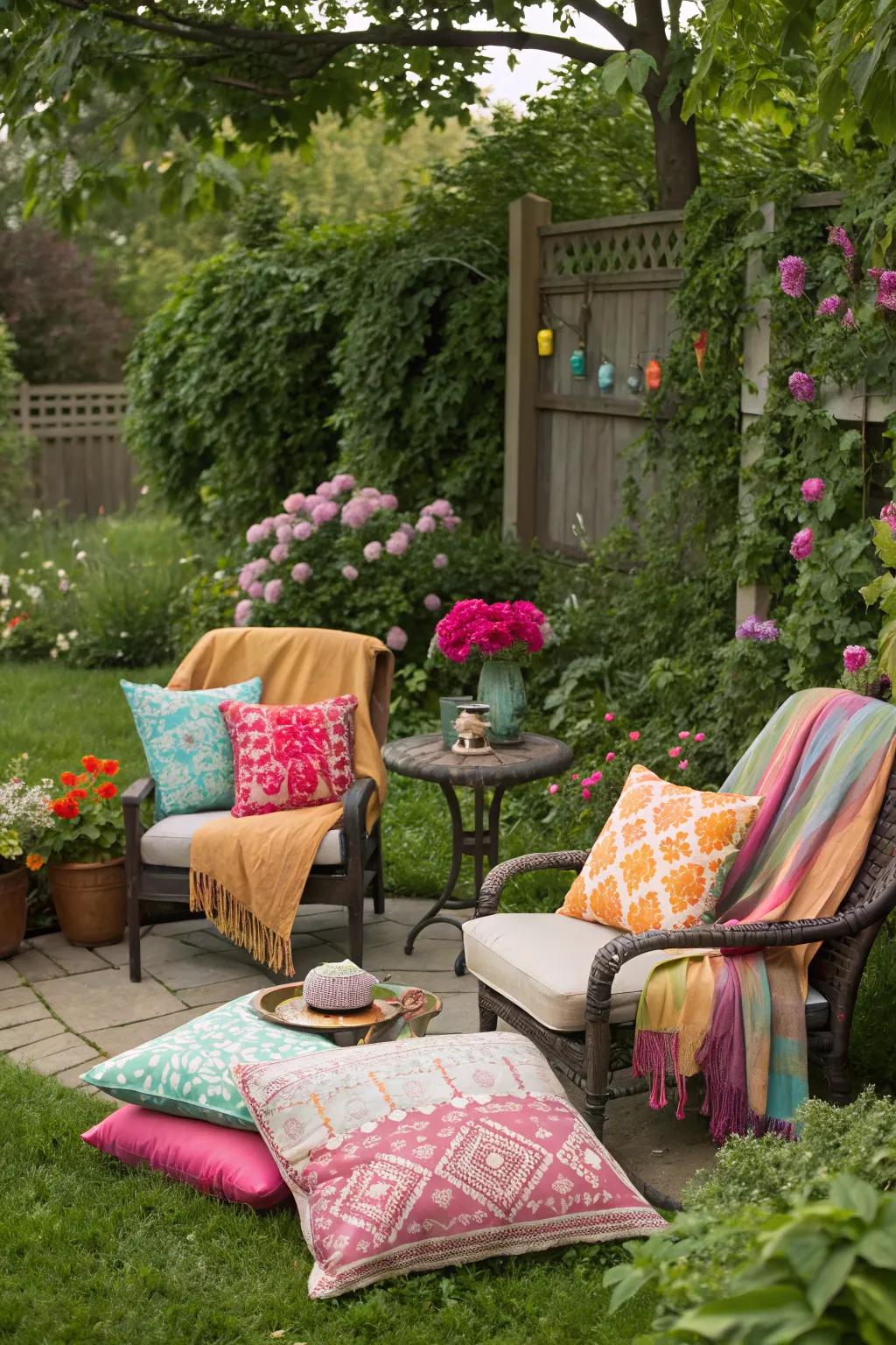 A garden seating area personalized with decorative pillows and throws.