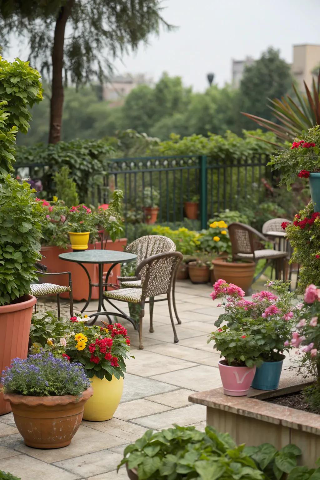 Potted plants add vibrancy and integration to garden shelters.