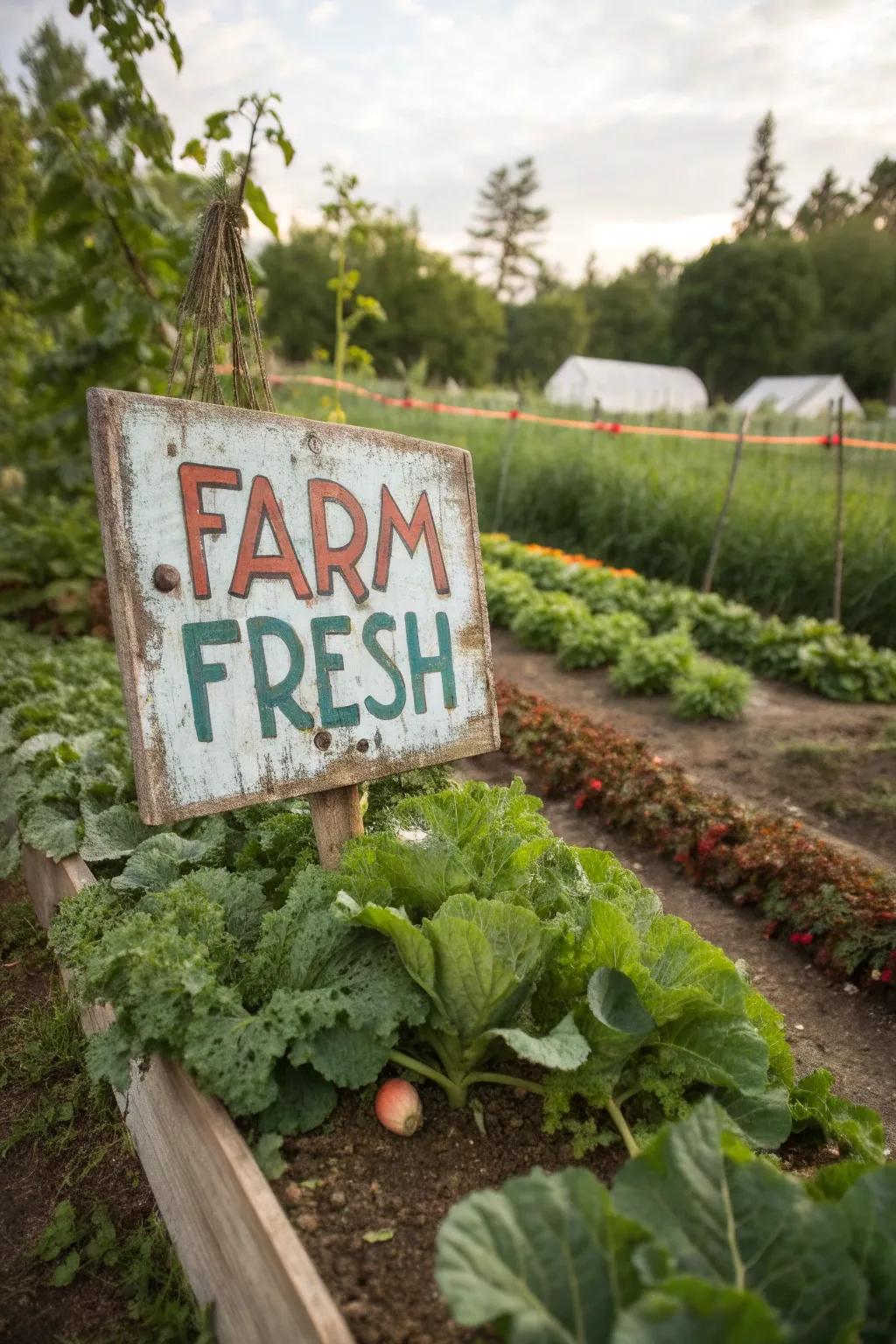 A vintage sign adds nostalgic charm to the garden.