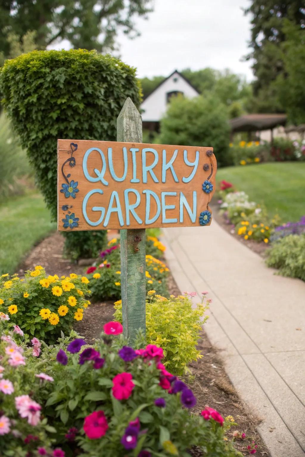 A garden sign with a humorous quote adding a touch of fun.