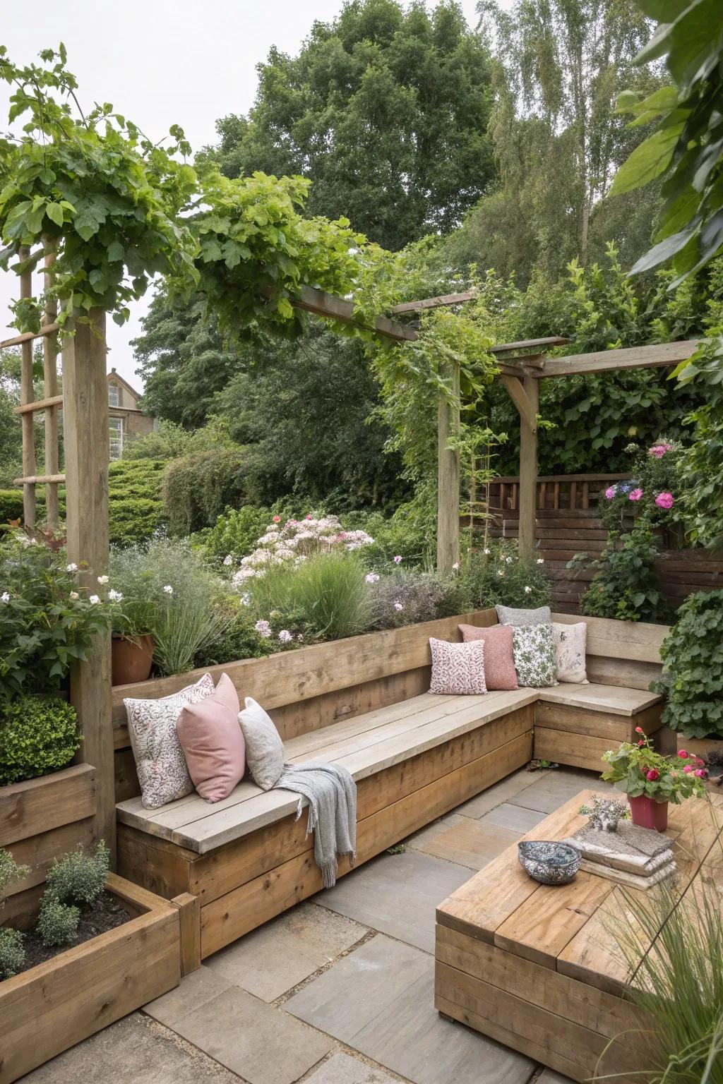 Handcrafted benches from sleepers, perfect for garden relaxation.