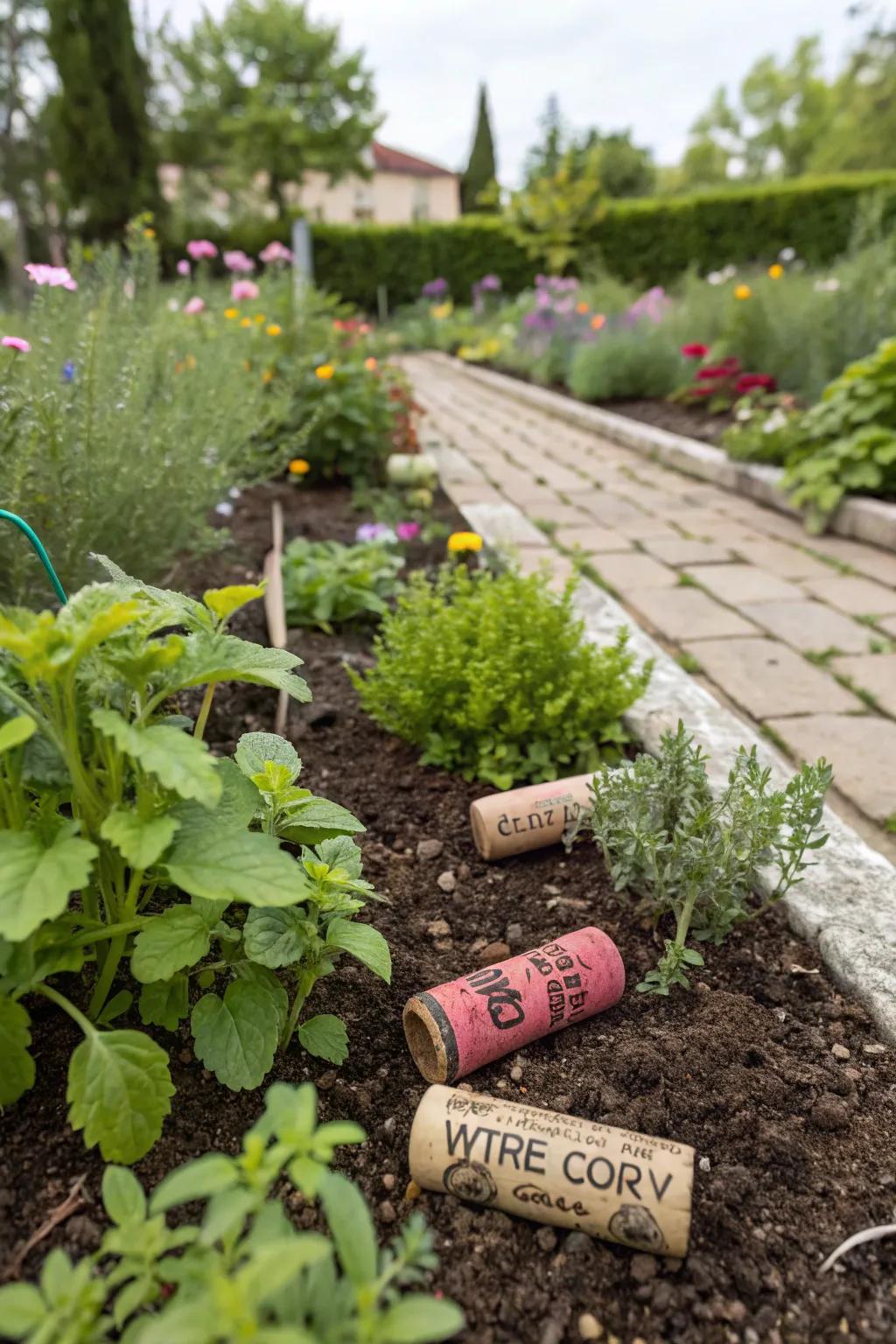 Eco-friendly wine cork garden markers labeling herbs in the garden.
