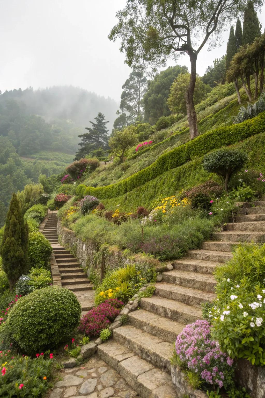 Terraced steps manage elevation changes beautifully.