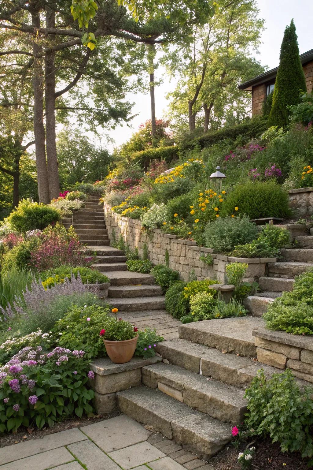 Stone tiers prevent erosion and add planting levels.