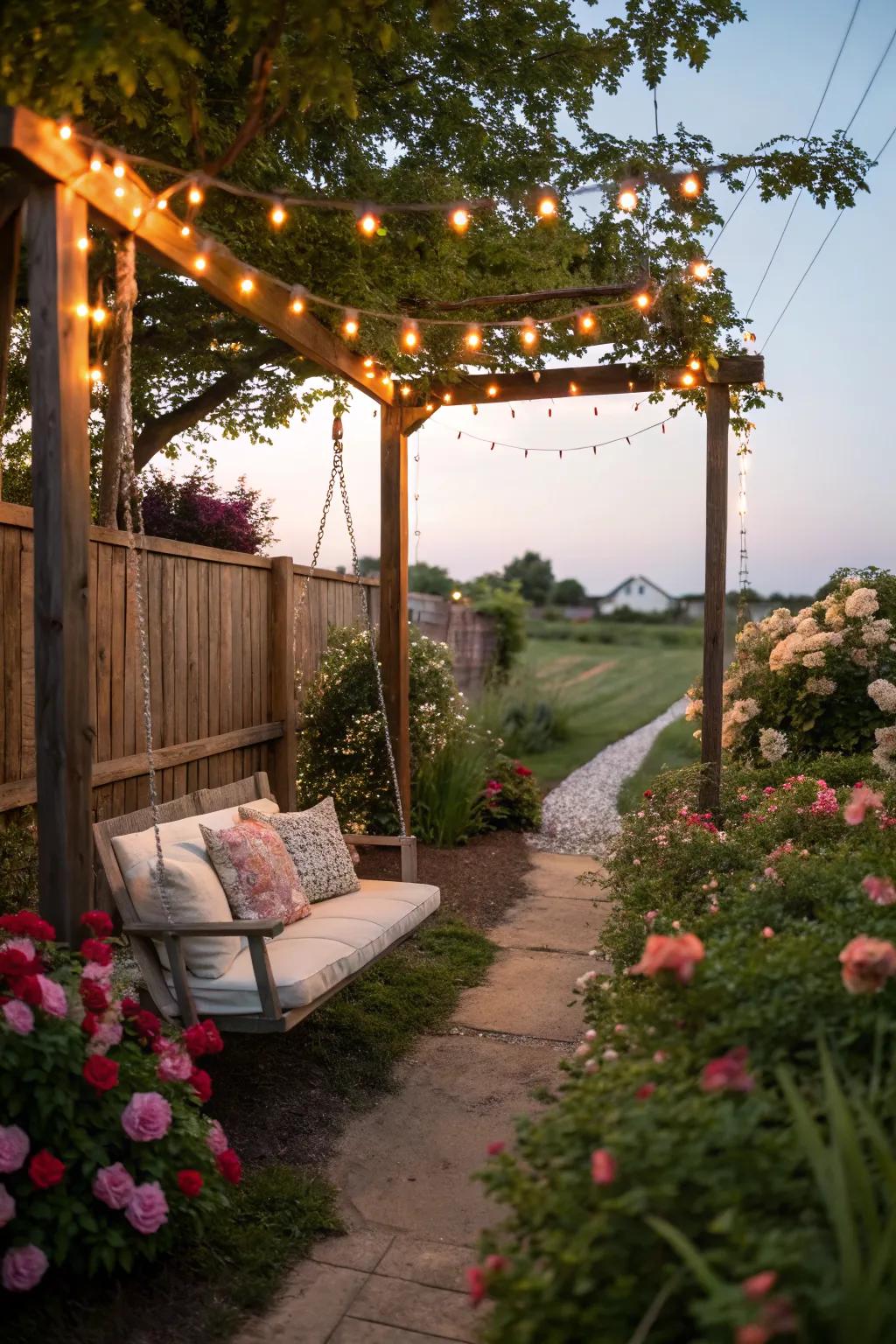Decorative lighting adds a magical glow to garden swings.