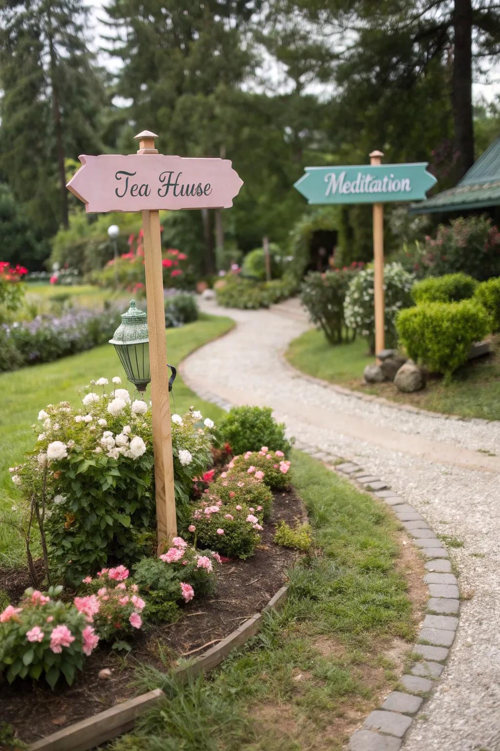 Personalized signage warmly guides guests around the garden event.