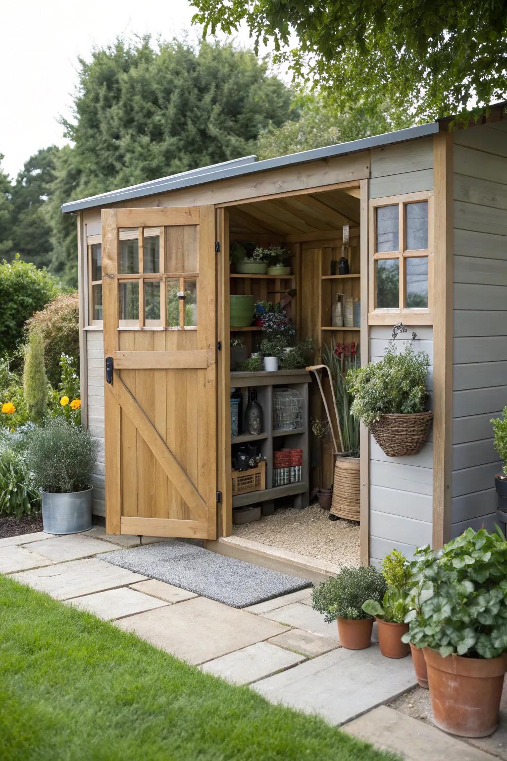 A multi-functional garden shed with potting area.