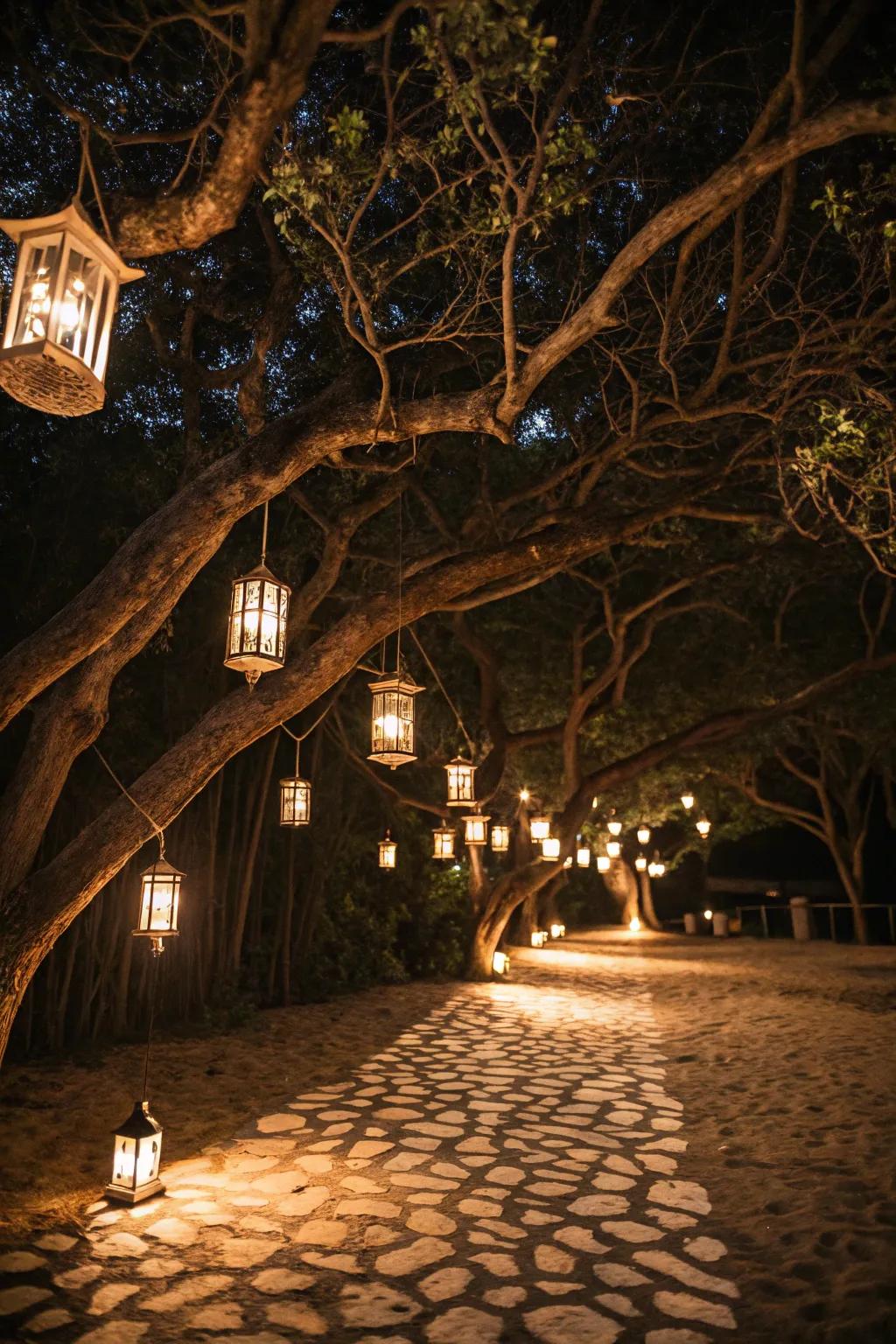 Hanging lantern torches add a whimsical touch to gardens.