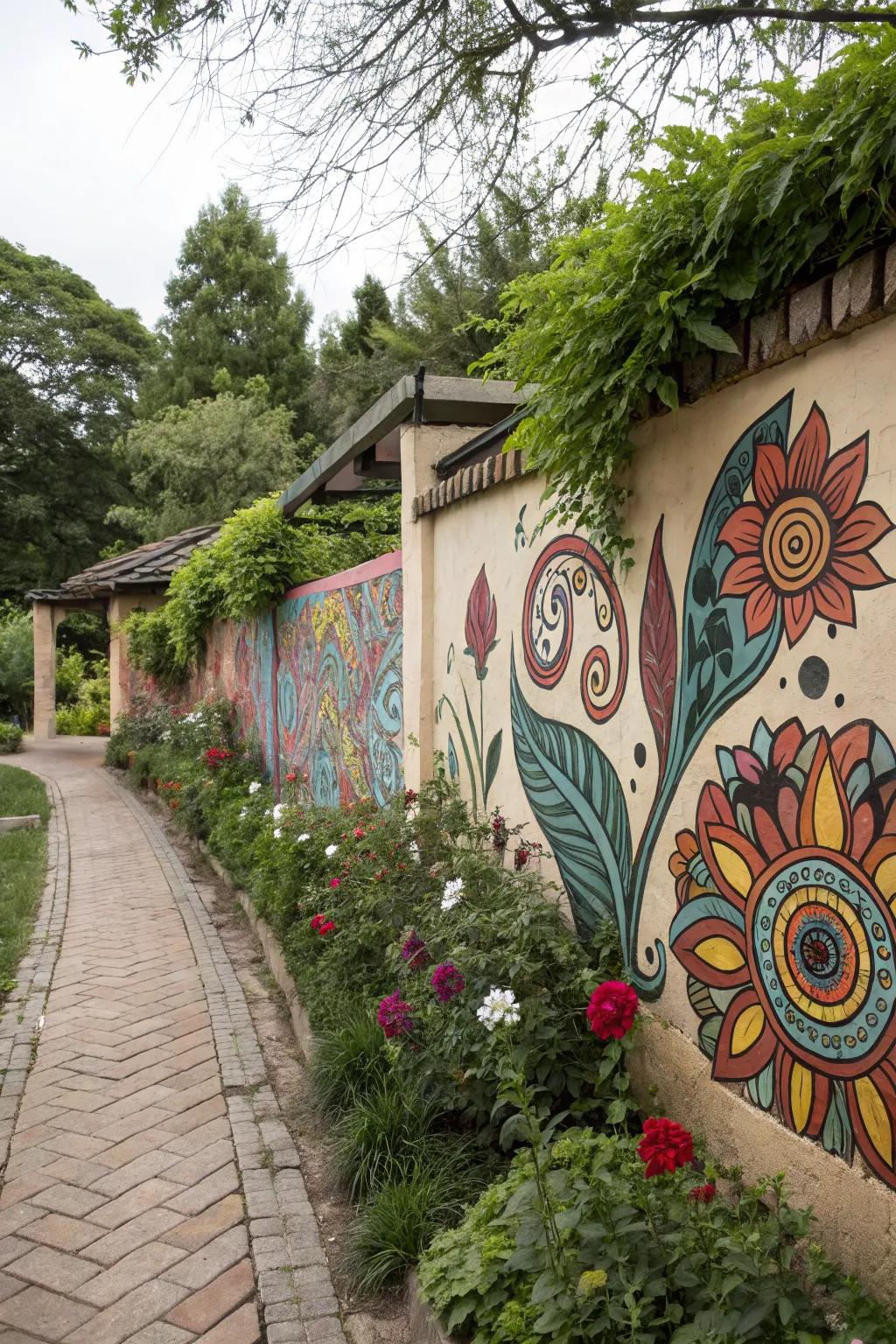 Painted murals personalize your garden walls with vibrant creativity.