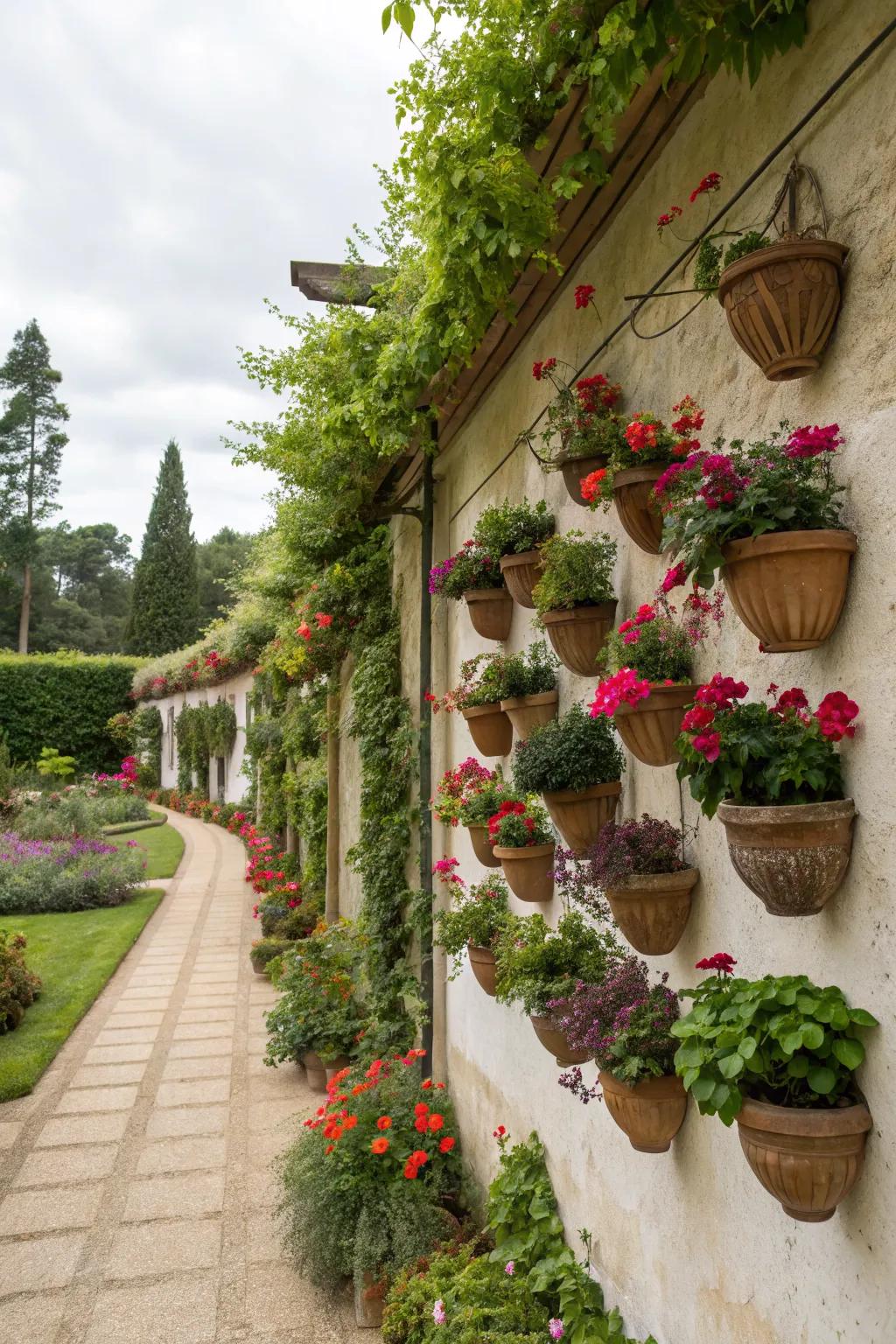 Hanging potted plants add color and texture to your garden wall.