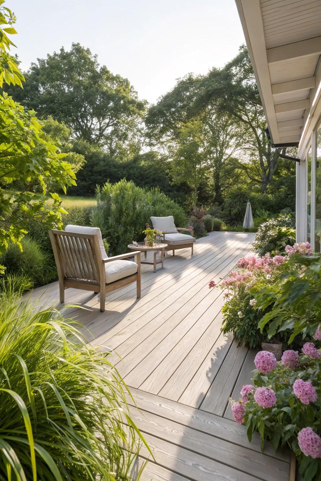 Light wood tones create a bright and inviting deck.