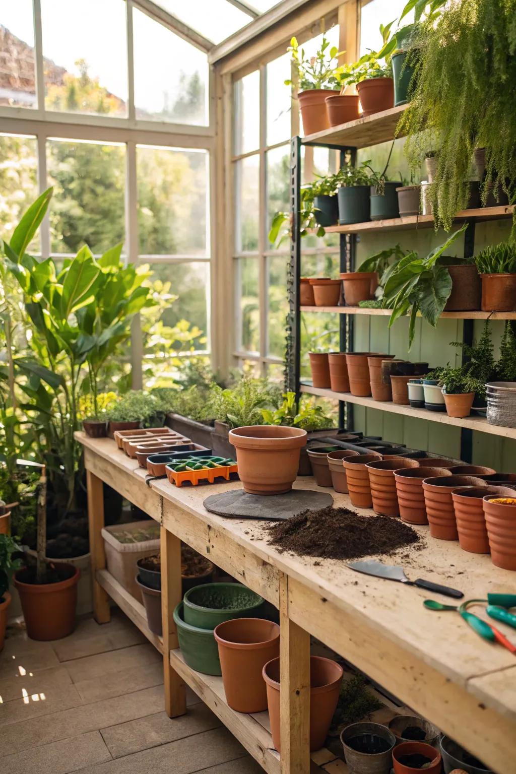 A gardener's paradise with a dedicated potting workshop.