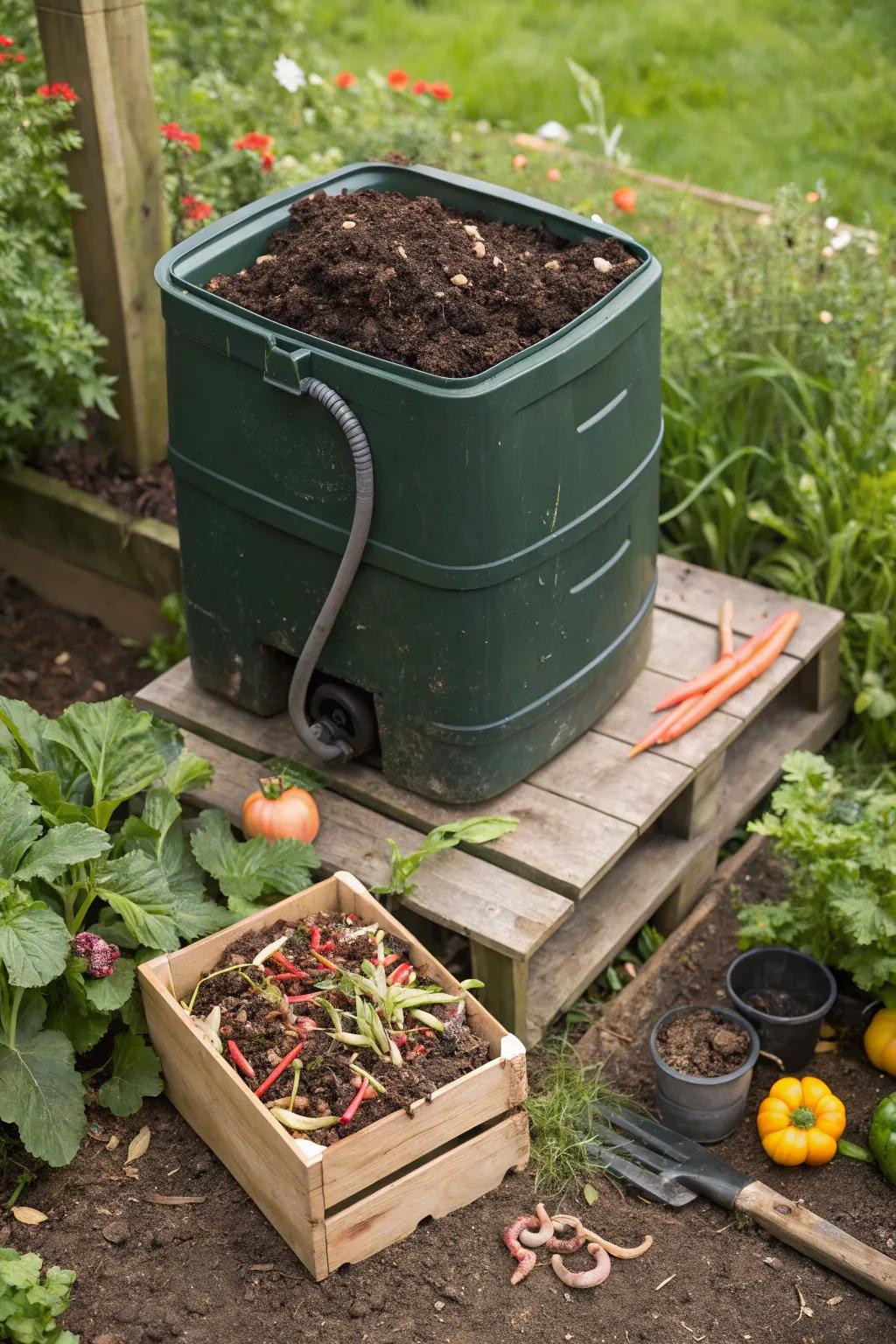 A worm compost bin turning scraps into garden gold.