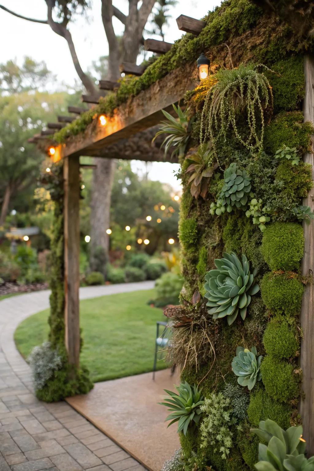 A living green wall arbor adds an innovative and textured element to garden design.