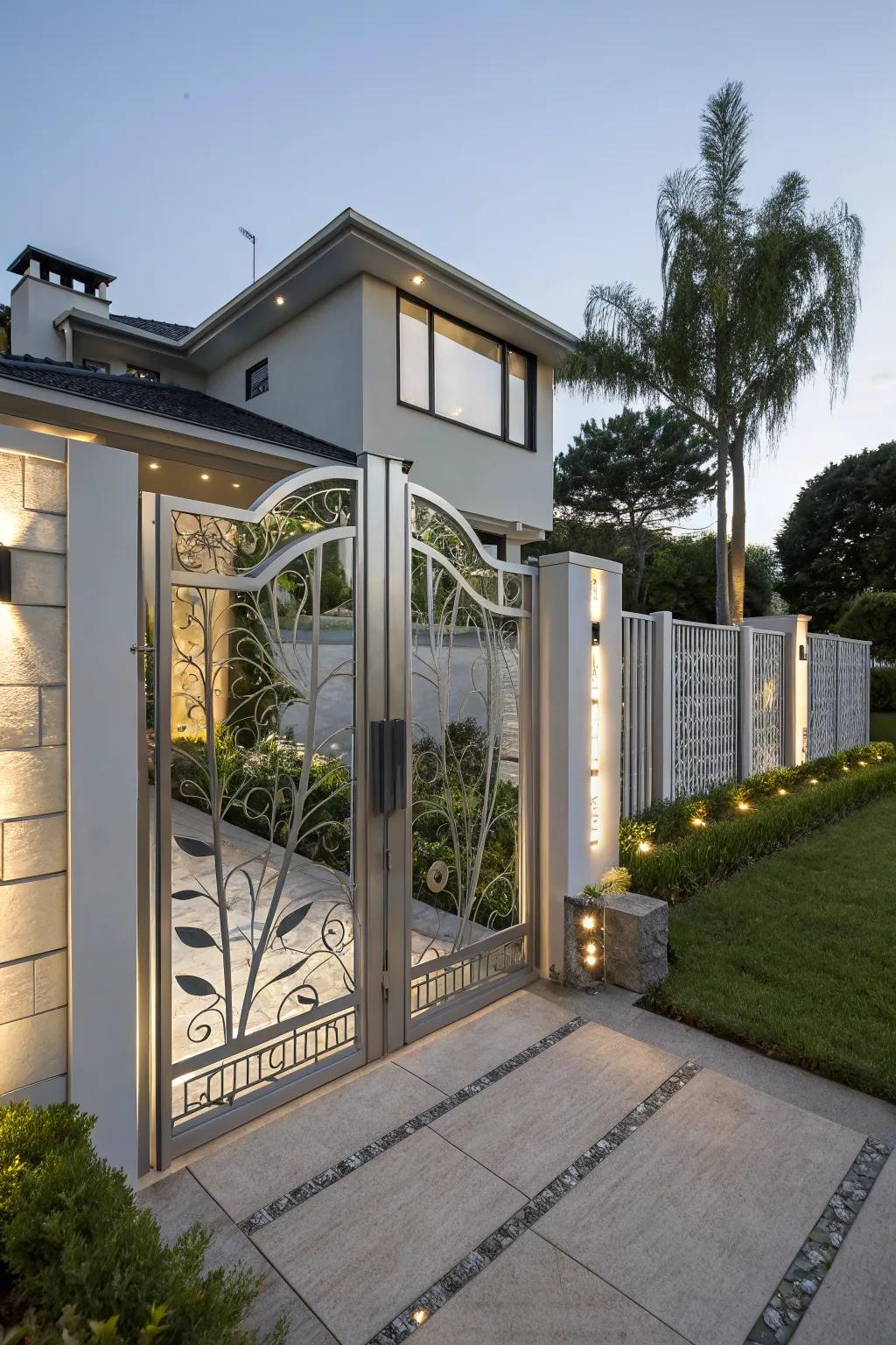 An elegant silver gate adds sleek modernity to your entrance.