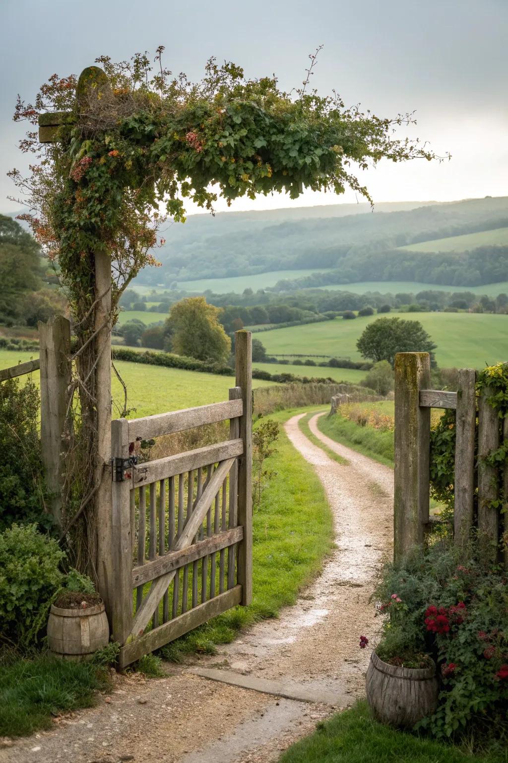 A rustic wooden gate that adds charm and warmth.
