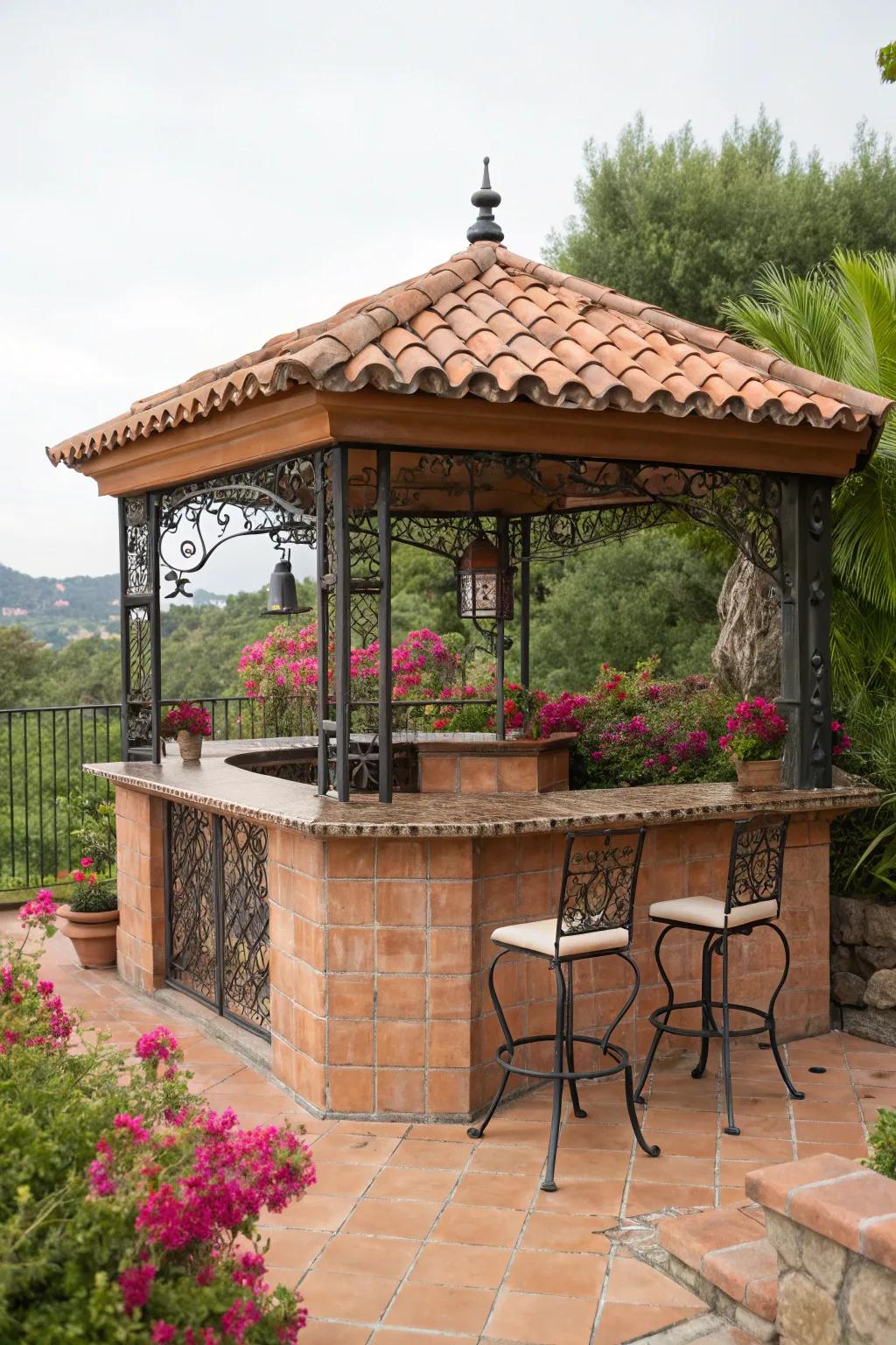 A Mediterranean-style gazebo bar with terracotta and wrought iron for coastal vibes.