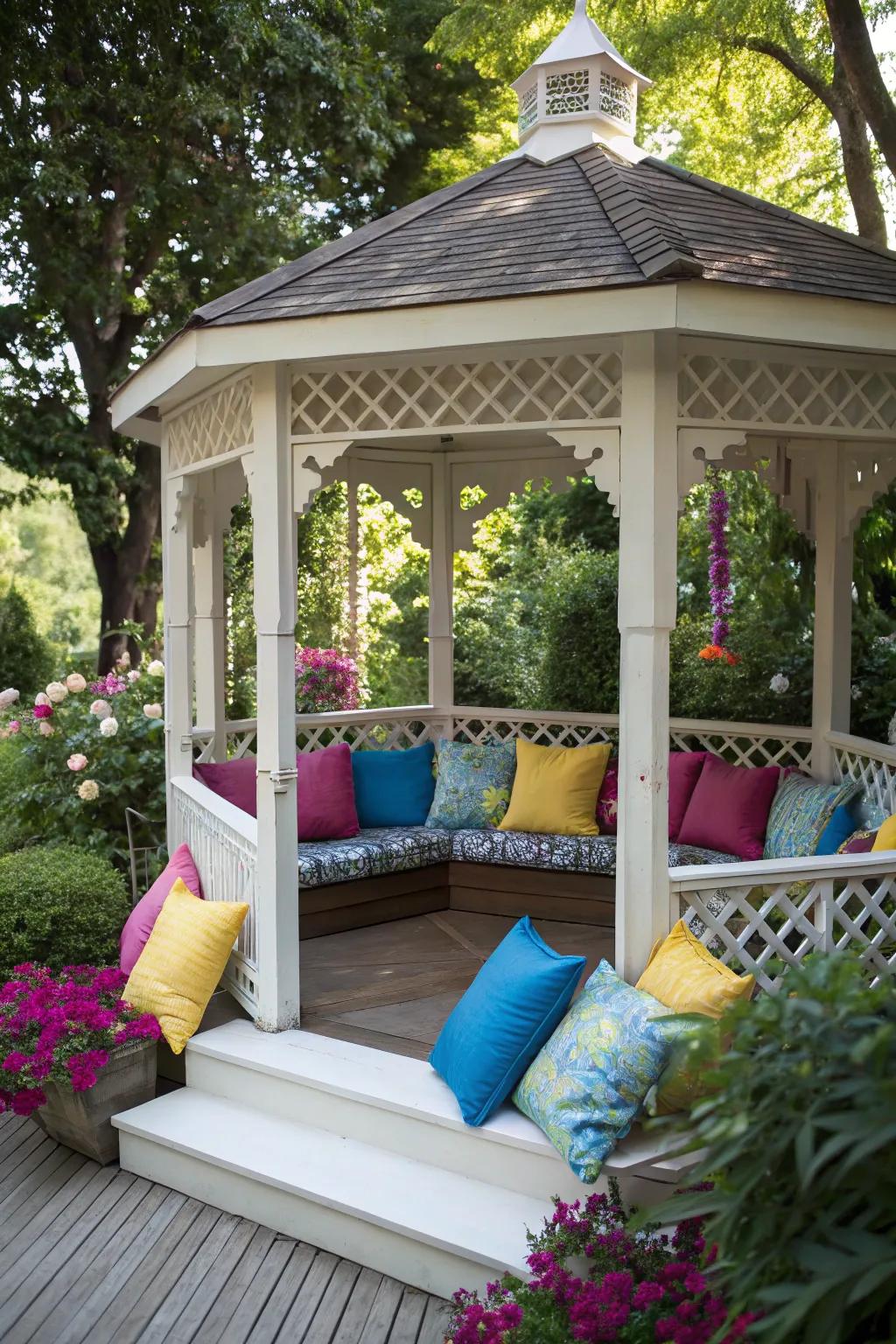 Pillows add comfort and color to your gazebo.
