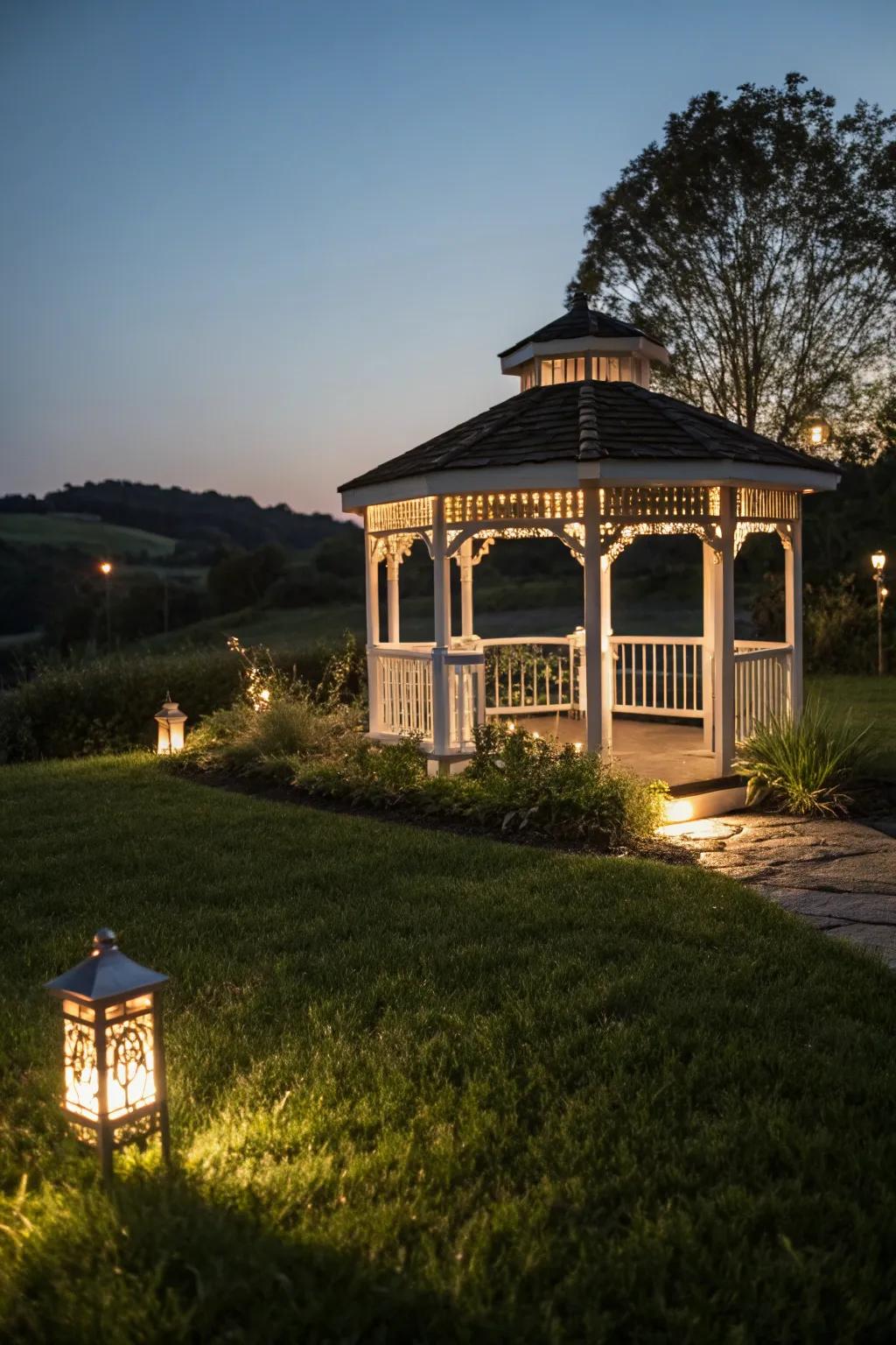 Soft lighting creates a magical evening atmosphere around this gazebo.