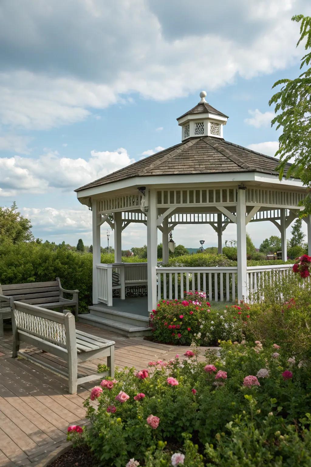 Built-in seating offers comfort and style for your gazebo.